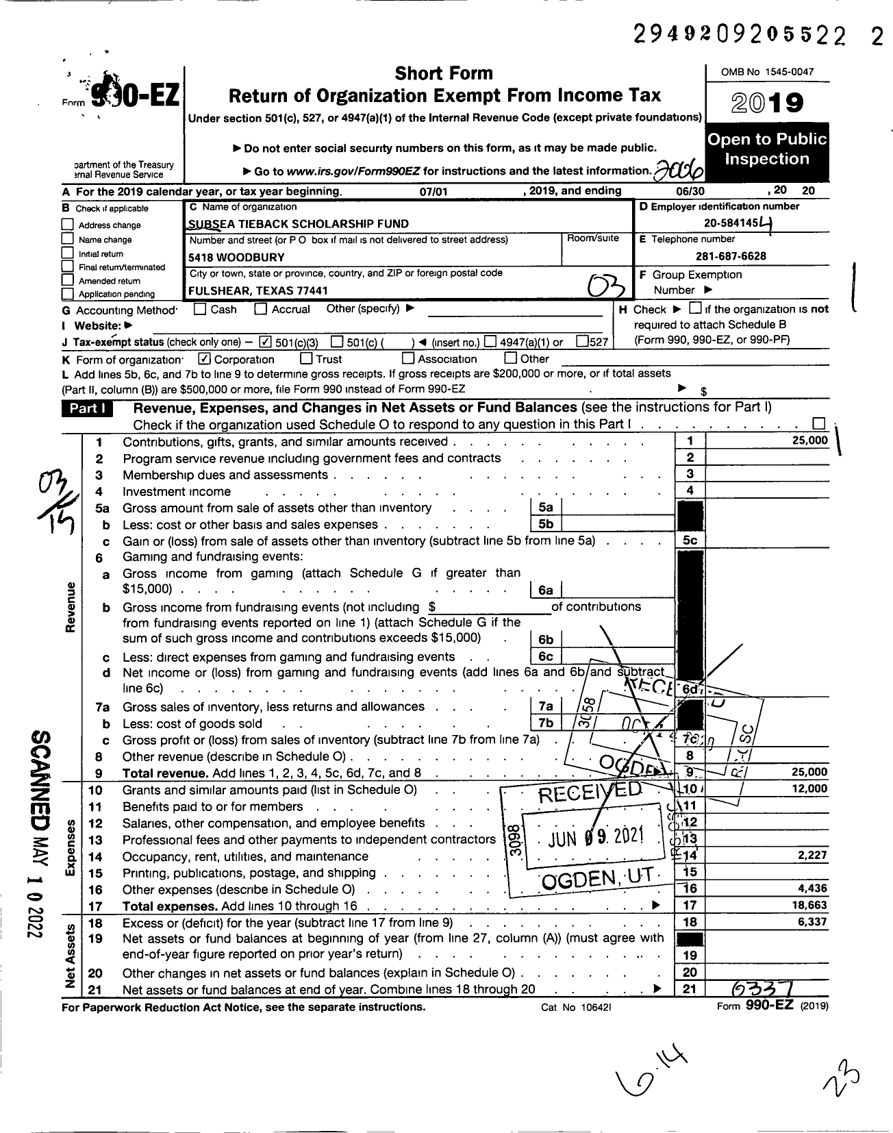 Image of first page of 2019 Form 990EZ for Subsea Tieback Scholarship Fund