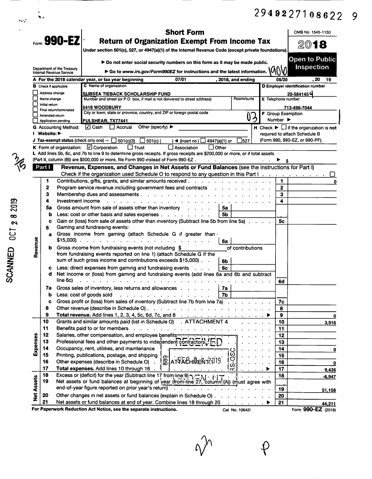 Image of first page of 2018 Form 990EZ for Subsea Tieback Scholarship Fund