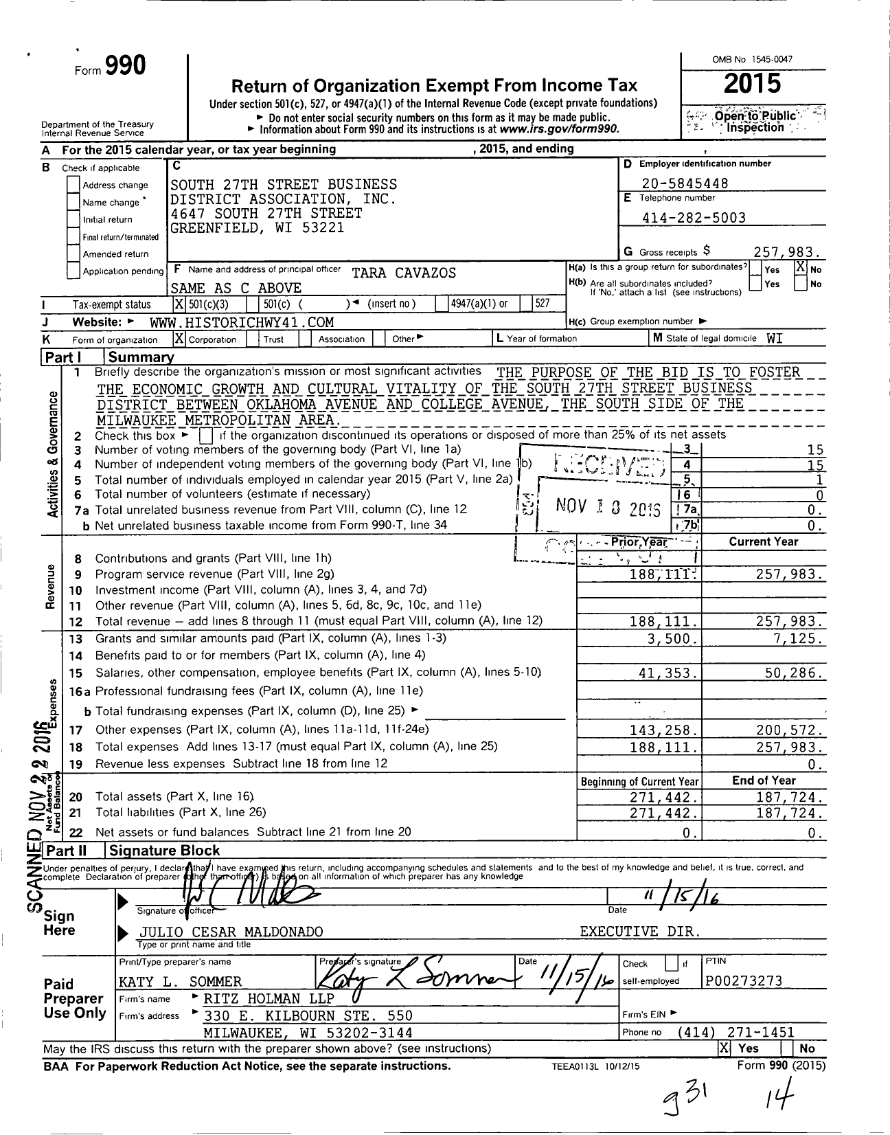Image of first page of 2015 Form 990 for South 27th Street Business District Association