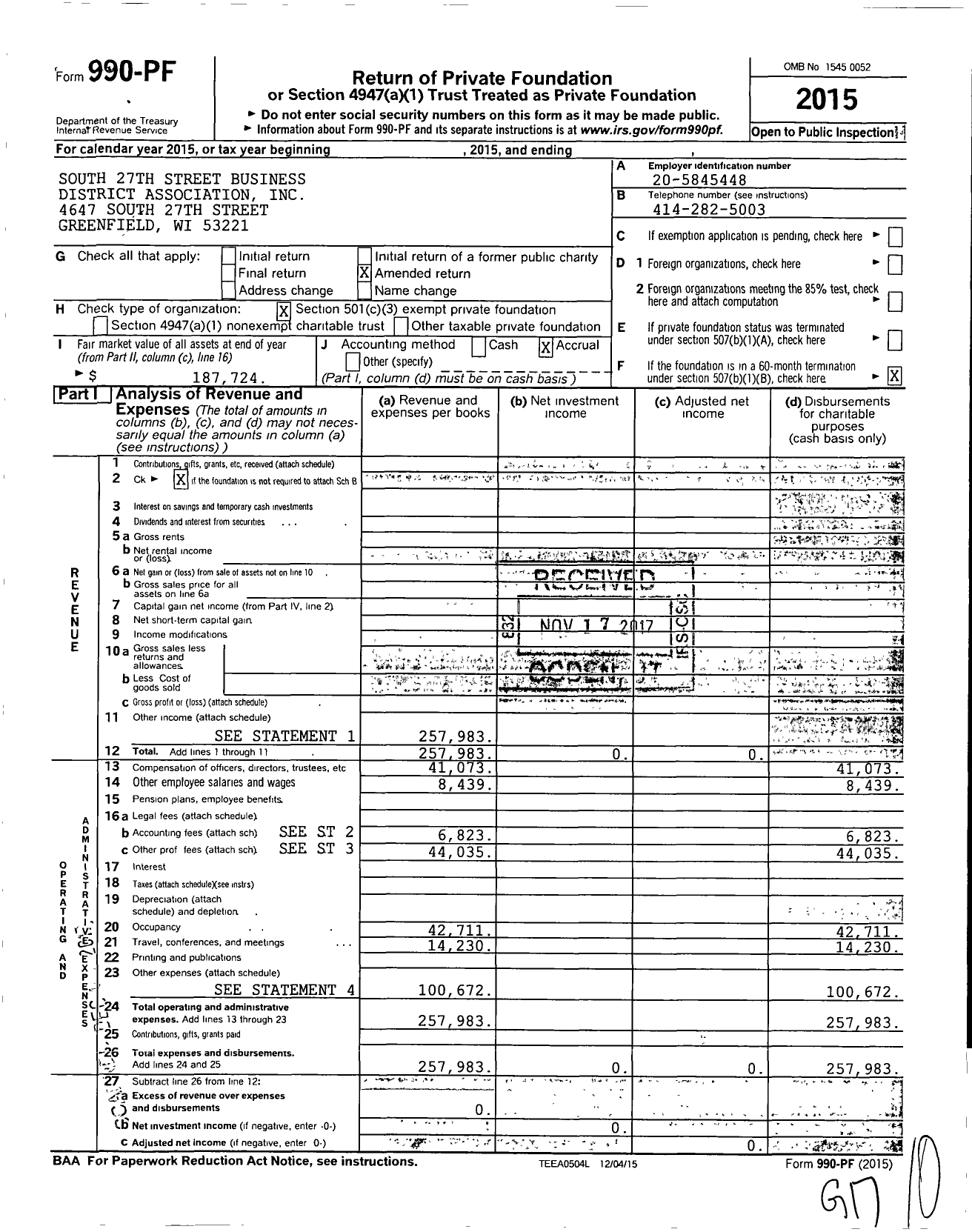 Image of first page of 2015 Form 990PF for South 27th Street Business District Association