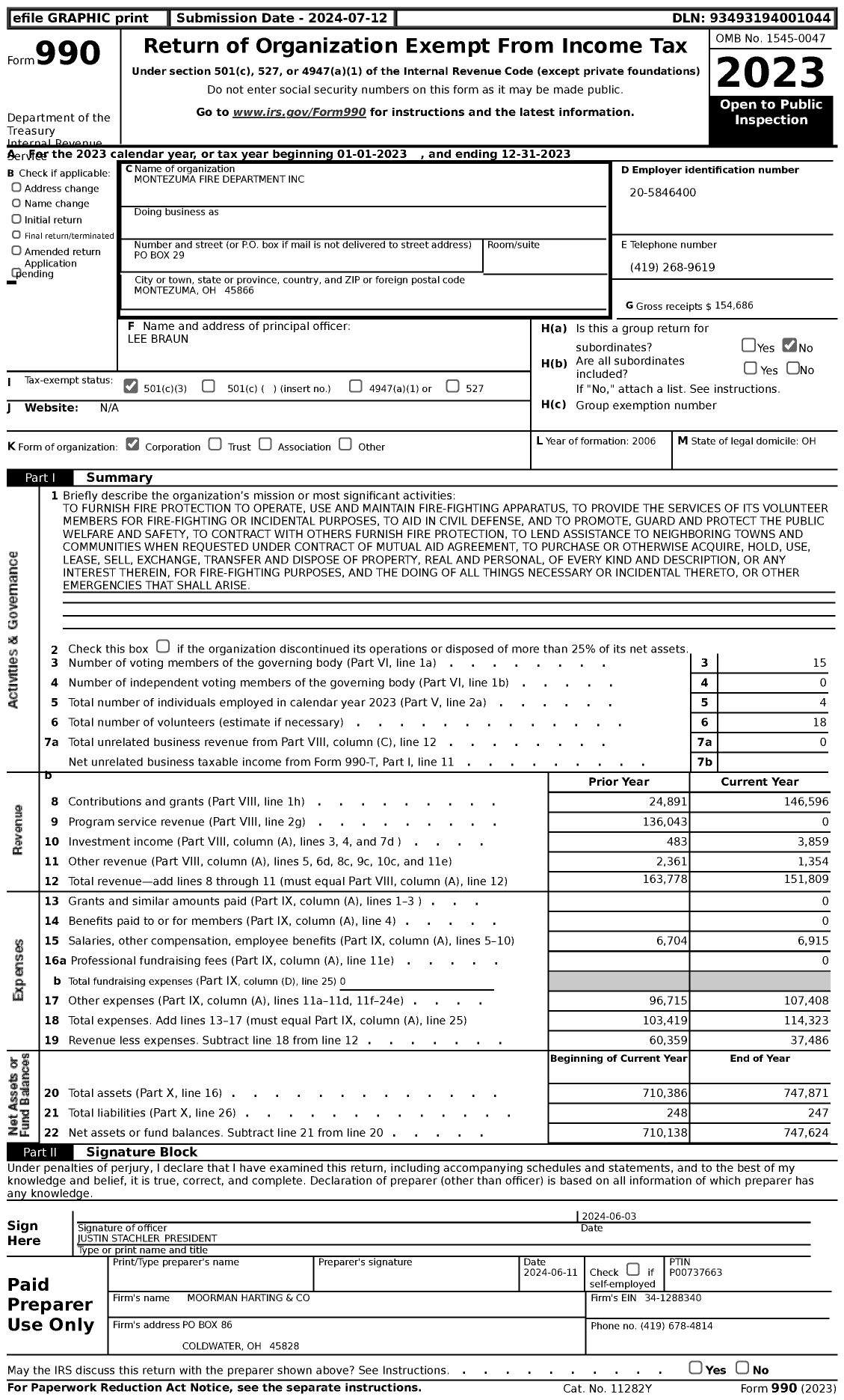 Image of first page of 2023 Form 990 for Montezuma Fire Department