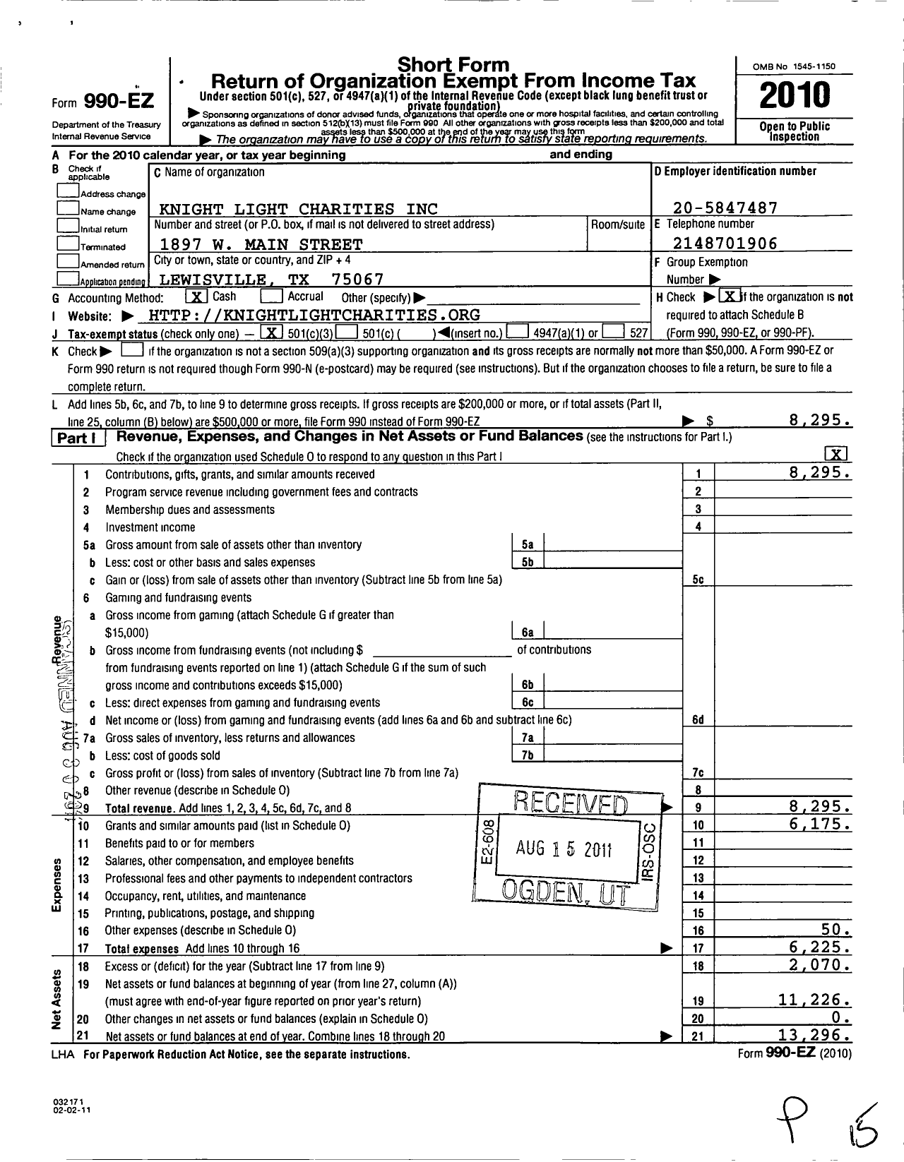 Image of first page of 2010 Form 990EZ for Knight-Light Charities Incorporated