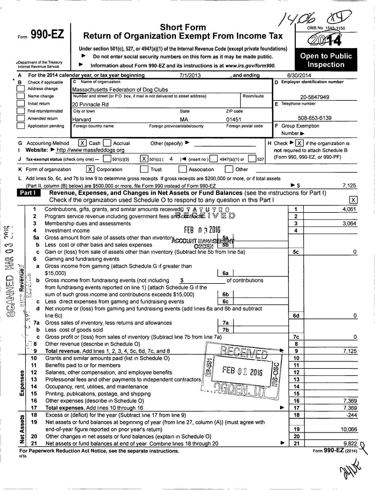 Image of first page of 2013 Form 990EO for Massachusetts Federation of Dog Clubs and Responsible Dog Owners I