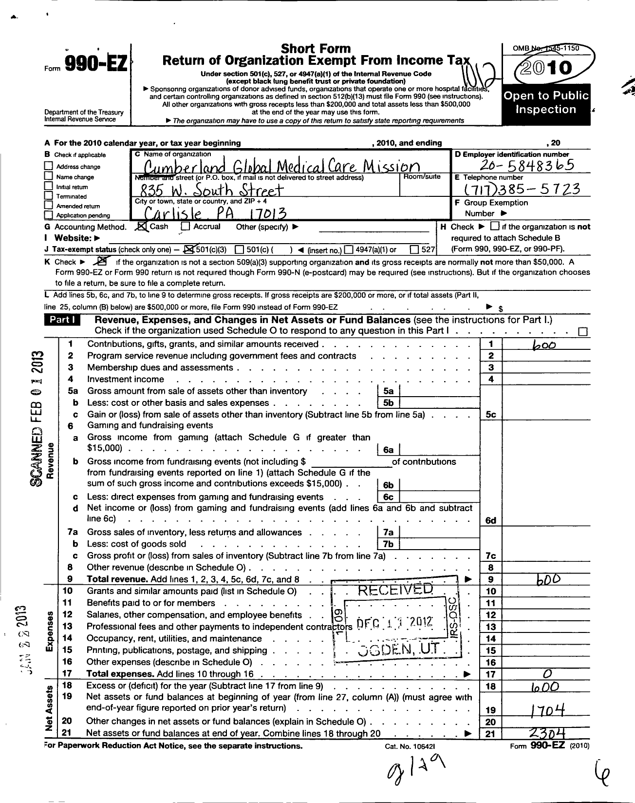 Image of first page of 2010 Form 990EZ for Cumberland Global Medical Care Mission