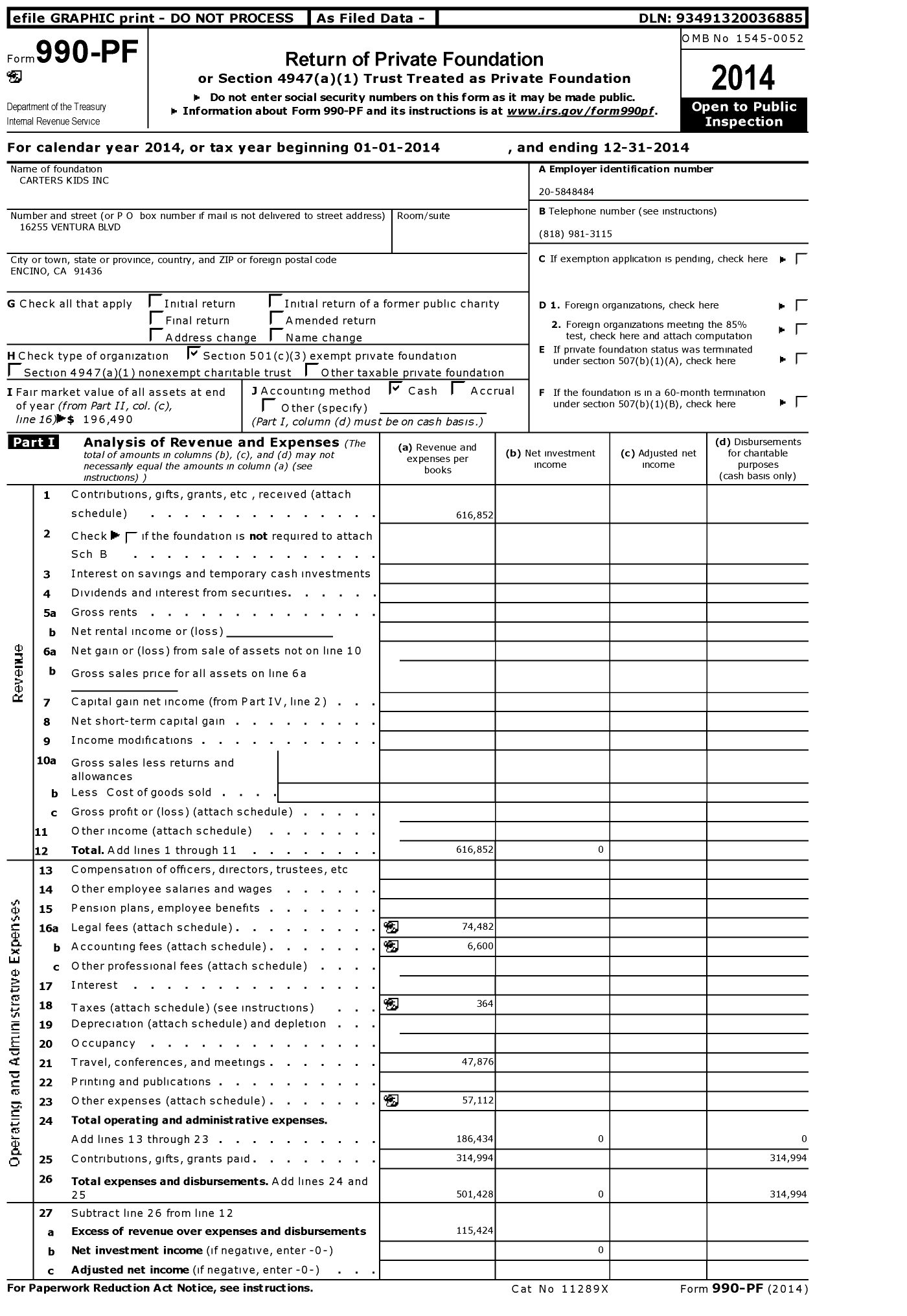 Image of first page of 2014 Form 990PF for Carter's Kids