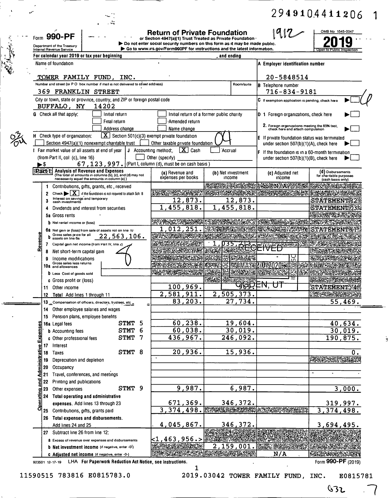 Image of first page of 2019 Form 990PF for Tower Family Fund