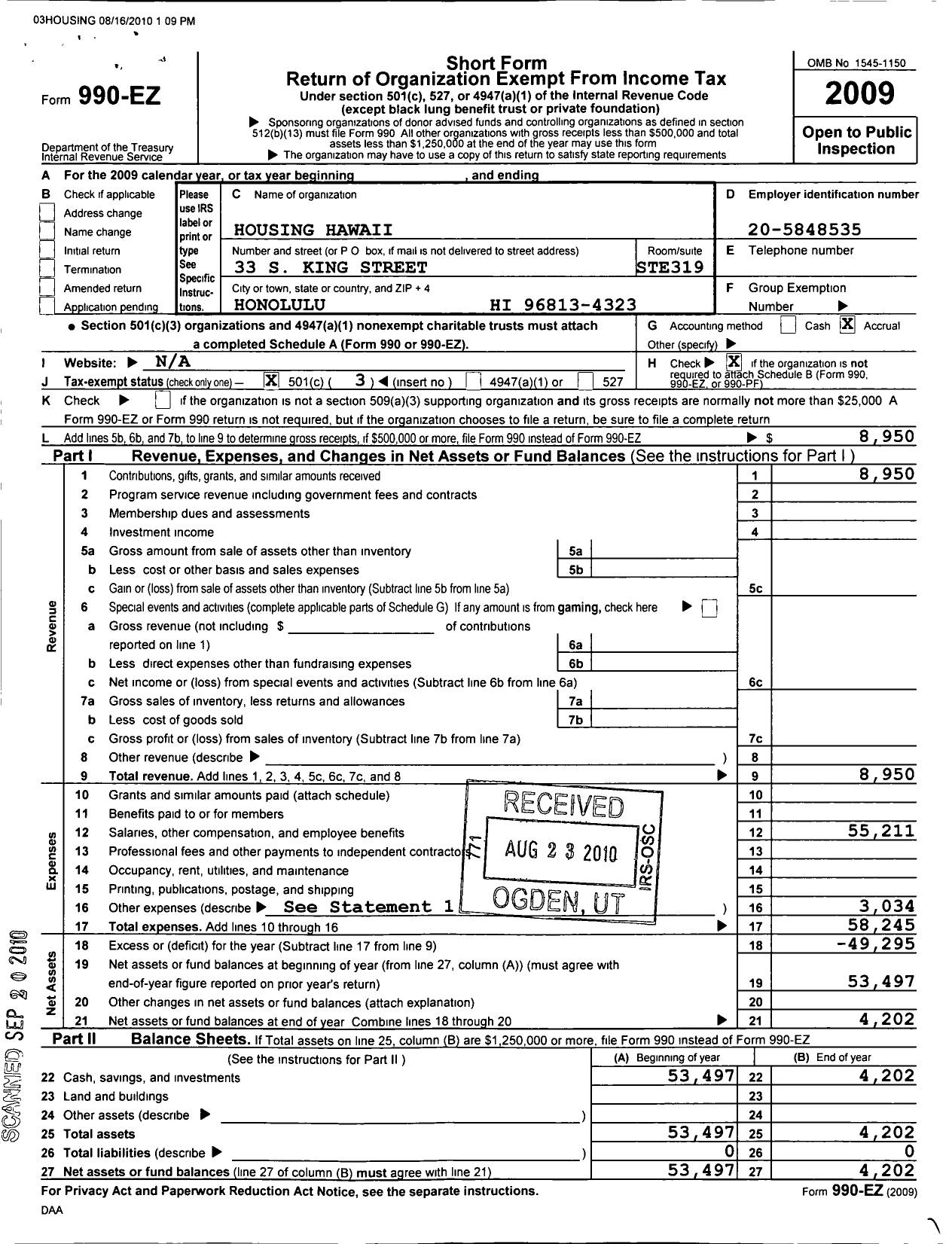 Image of first page of 2009 Form 990EZ for Stand Up Maui