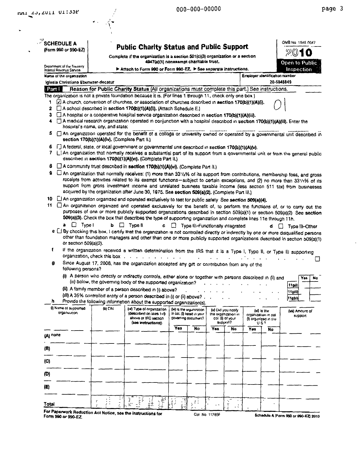 Image of first page of 2010 Form 990ER for Iglesia Cristiana Ebenezer - Decatur