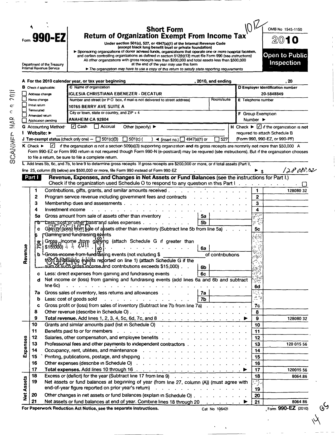 Image of first page of 2010 Form 990EO for Iglesia Cristiana Ebenezer - Decatur