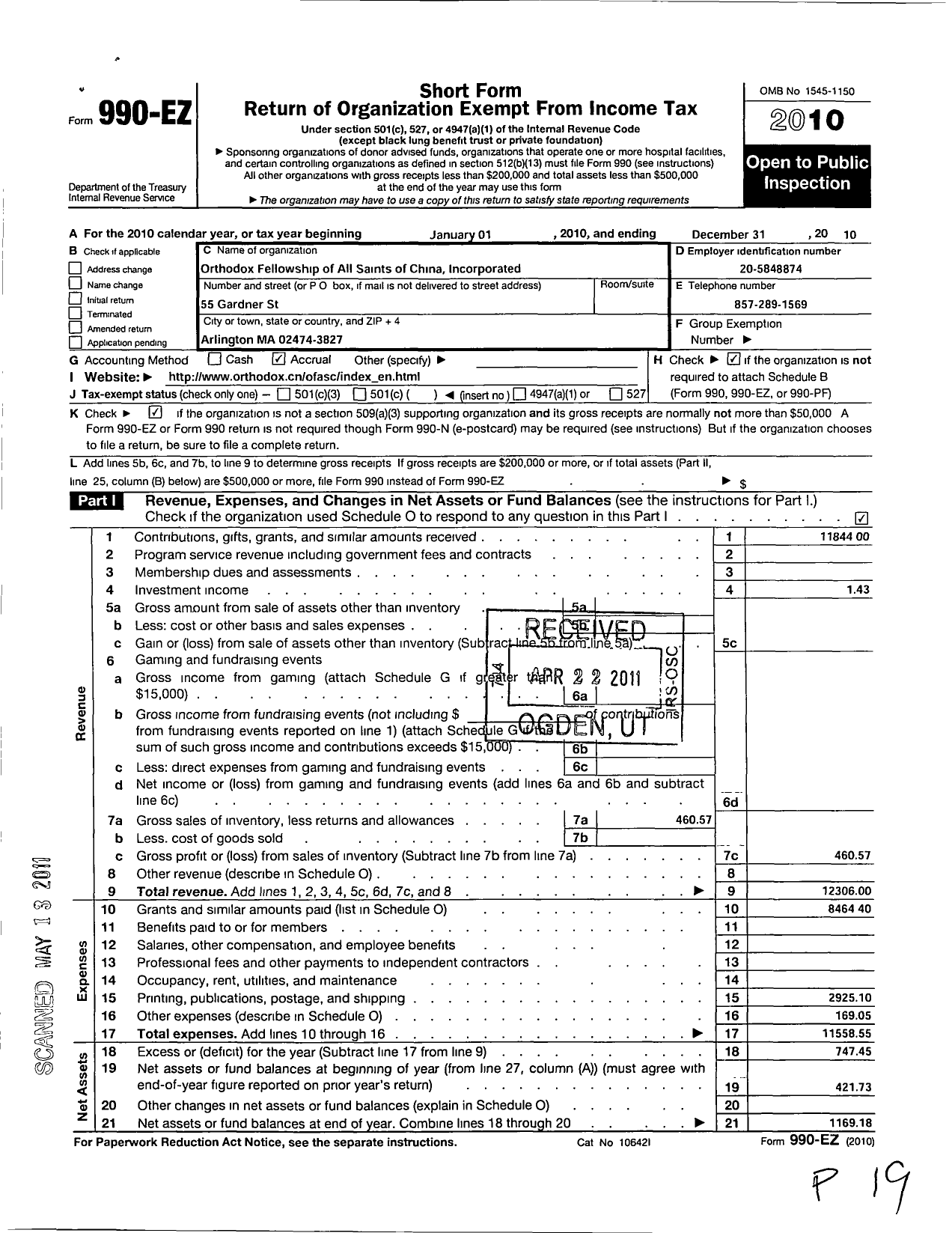 Image of first page of 2010 Form 990EO for Orthodox Fellowship of All Saints of China Incorporated