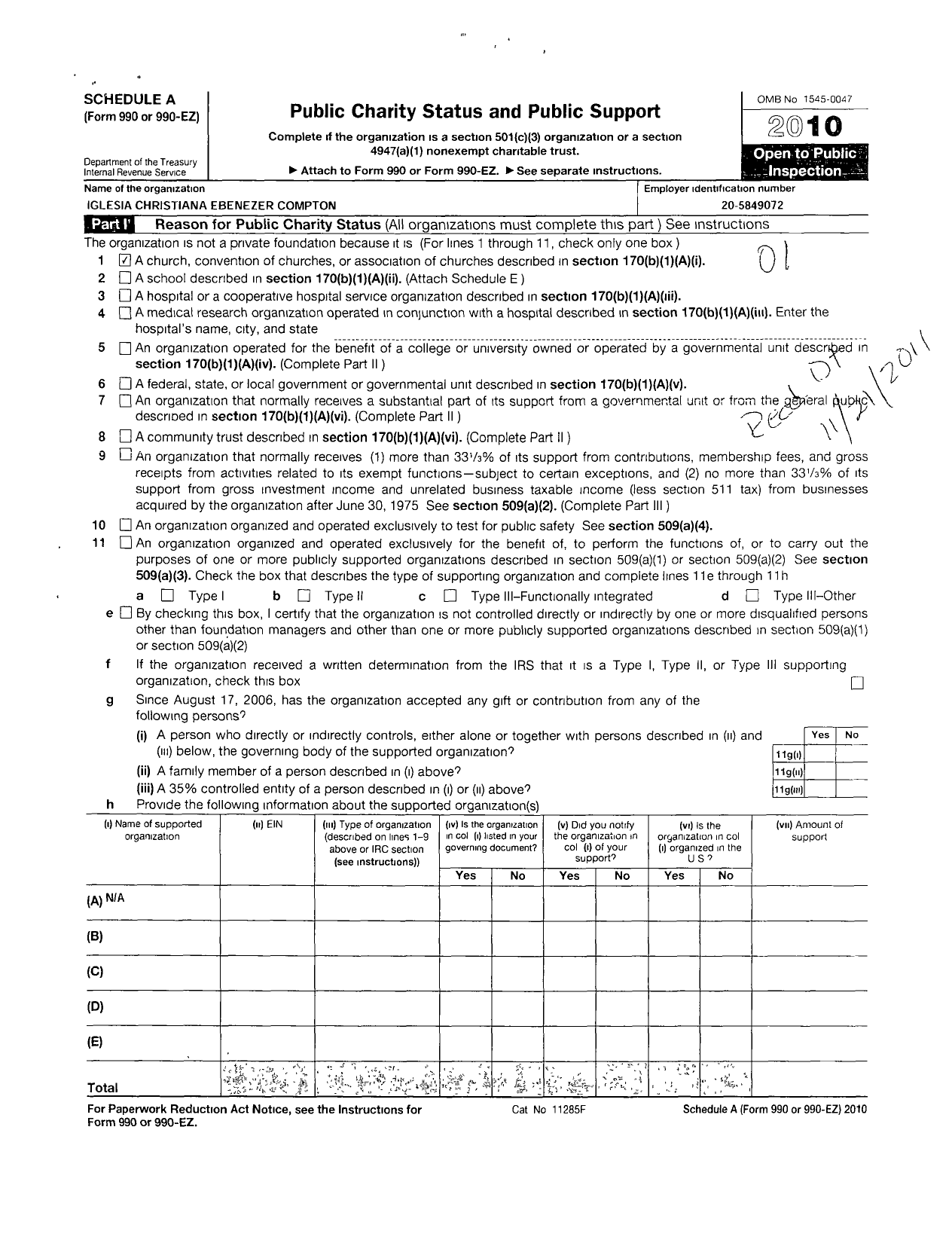 Image of first page of 2010 Form 990EOR for Iglesia Cristiana Ebenezer Compton