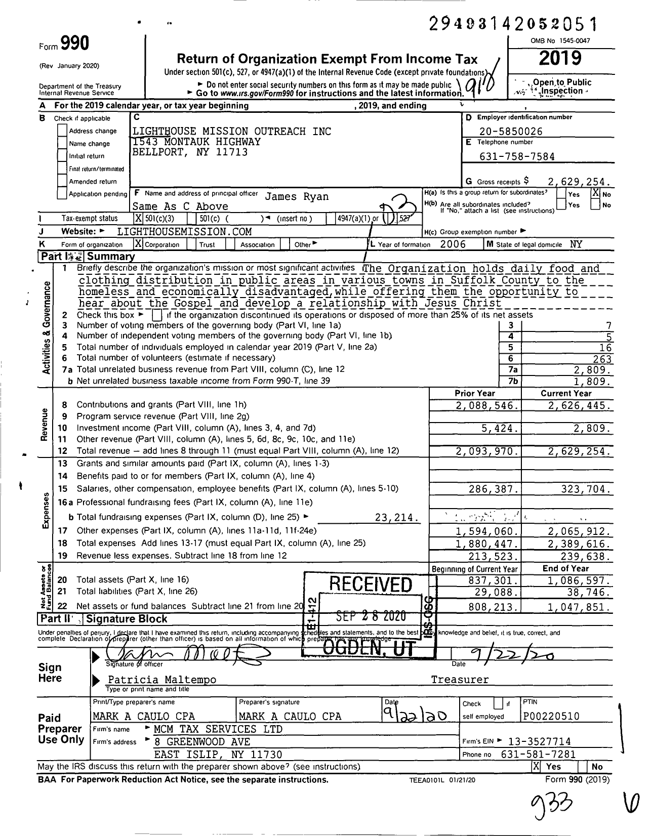 Image of first page of 2019 Form 990 for Lighthouse Mission Outreach