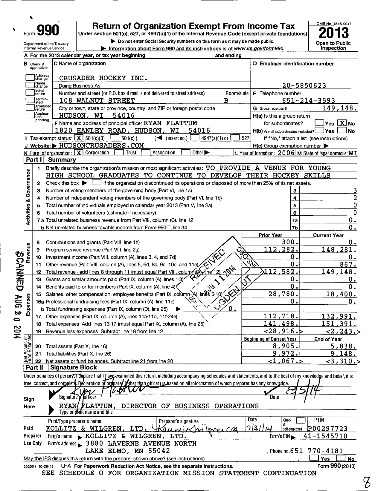 Image of first page of 2013 Form 990 for Crusader Hockey