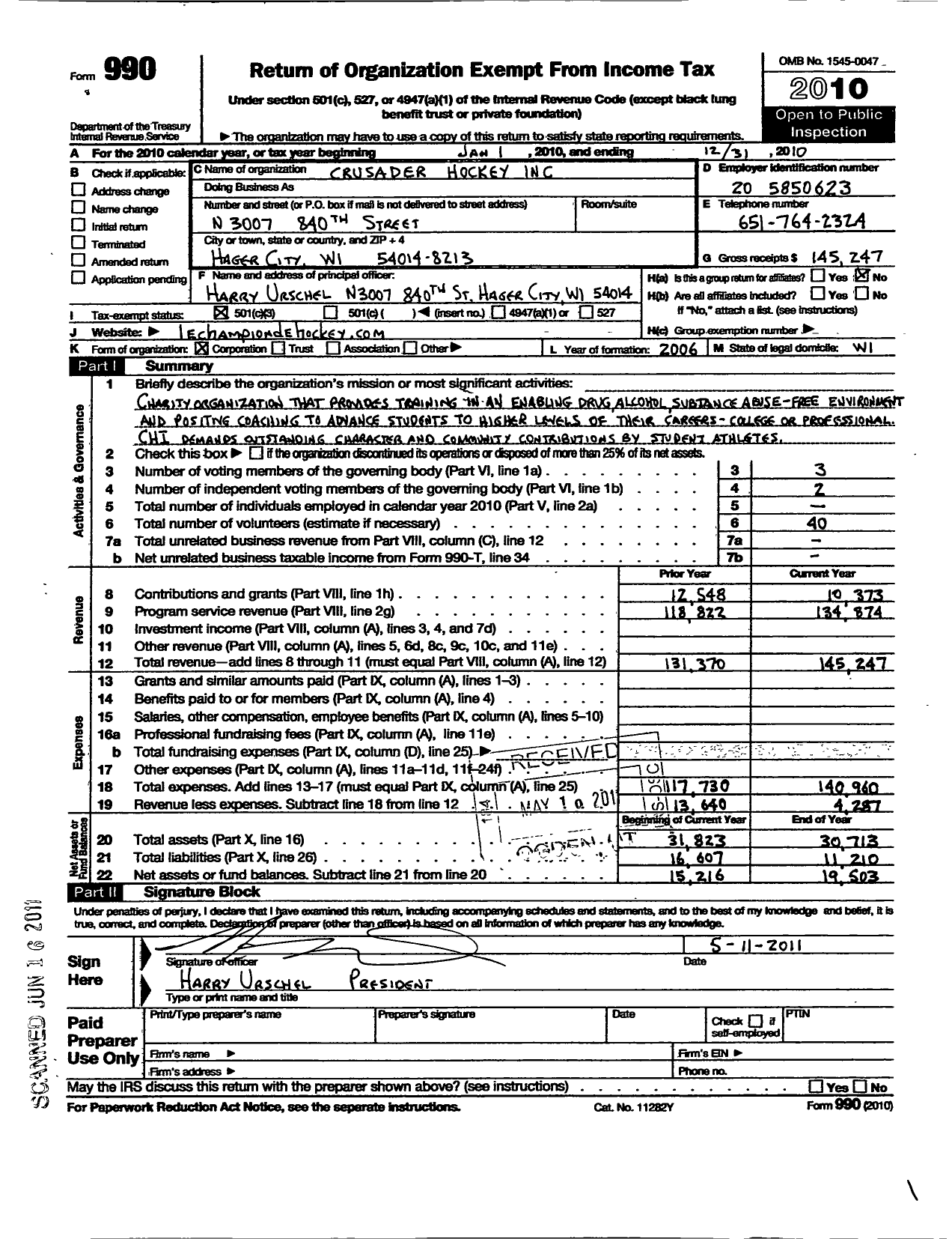 Image of first page of 2010 Form 990 for Crusader Hockey