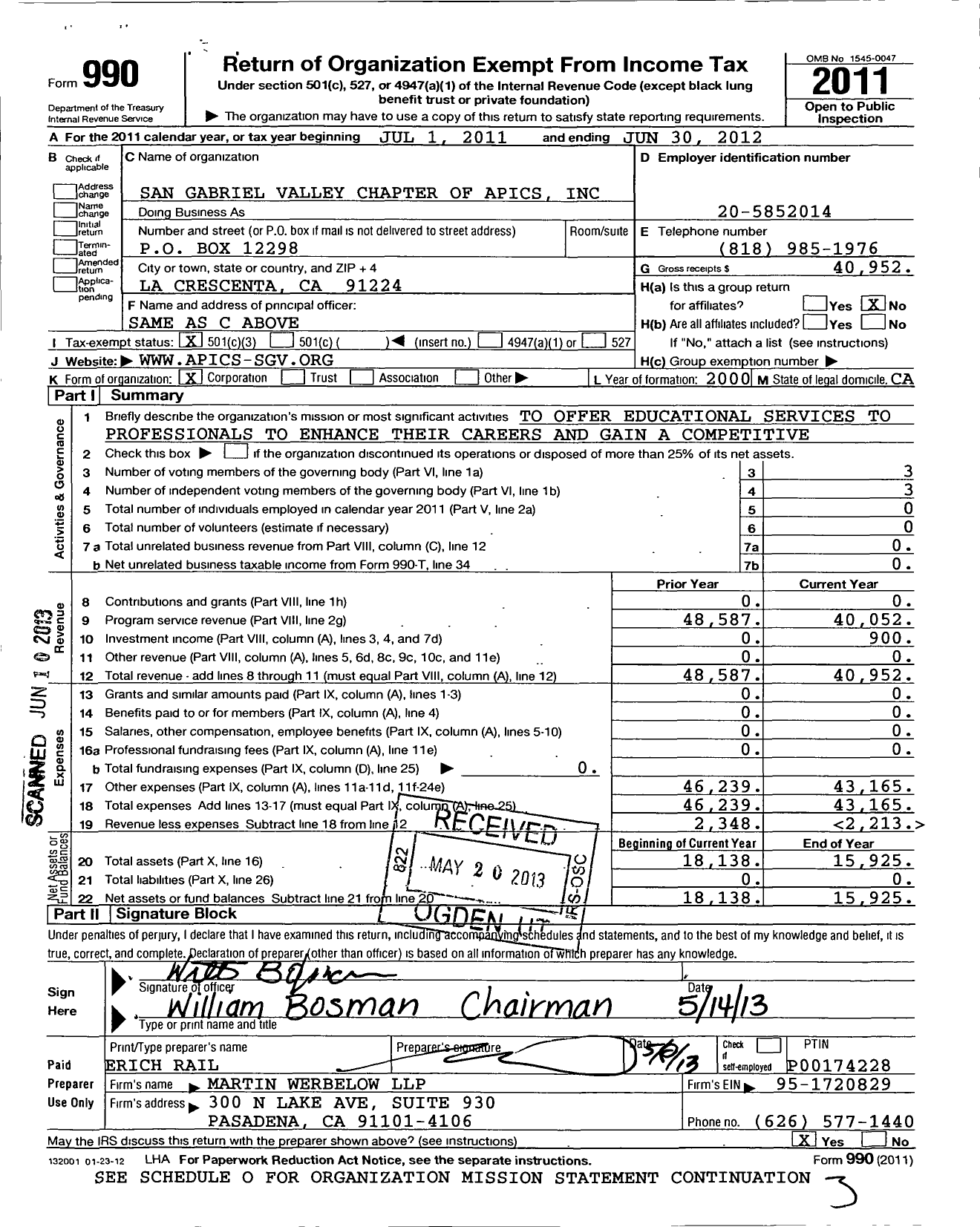 Image of first page of 2011 Form 990 for San Gabriel Valley Chapter of Apics