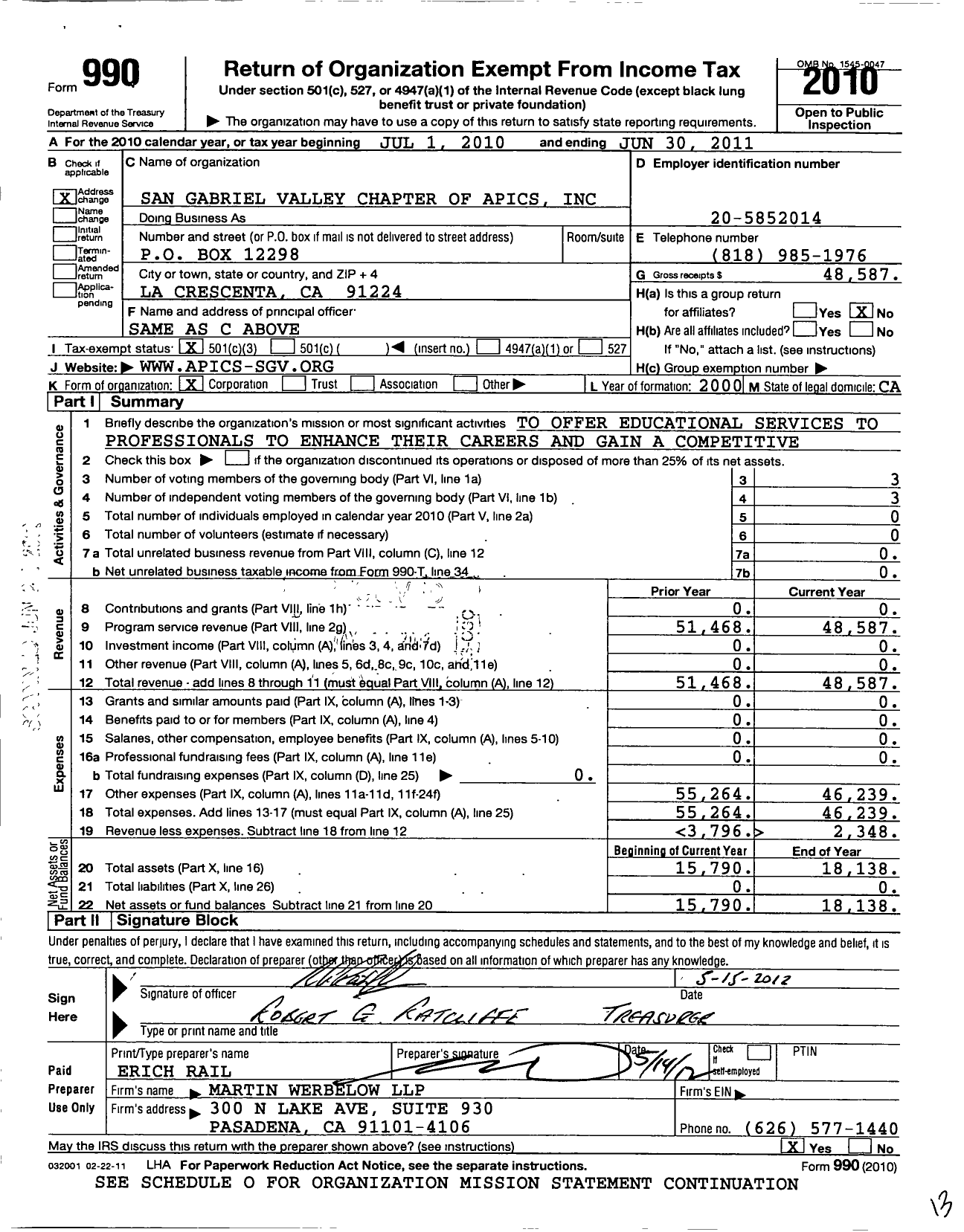 Image of first page of 2010 Form 990 for San Gabriel Valley Chapter of Apics