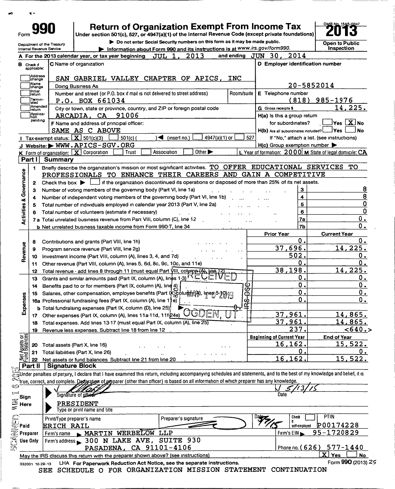 Image of first page of 2013 Form 990 for San Gabriel Valley Chapter of Apics