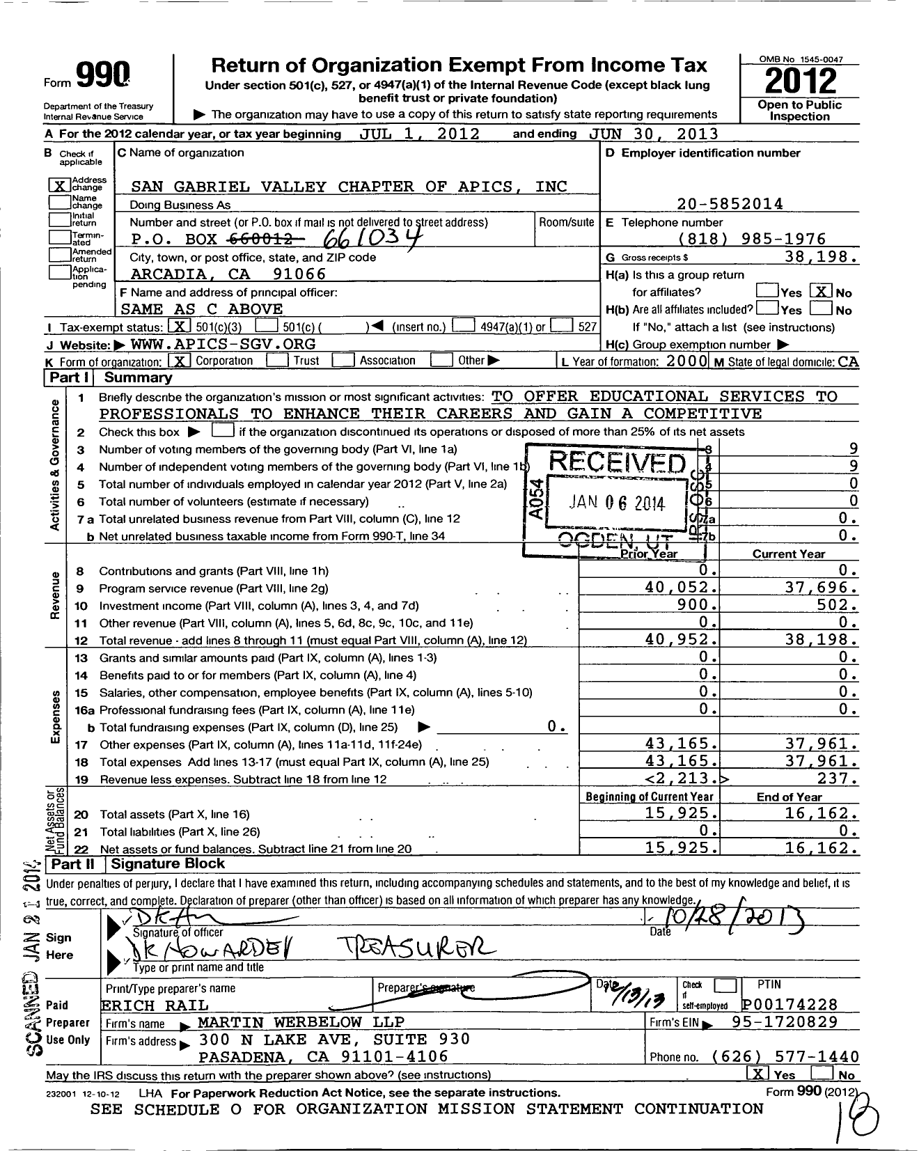 Image of first page of 2012 Form 990 for San Gabriel Valley Chapter of Apics