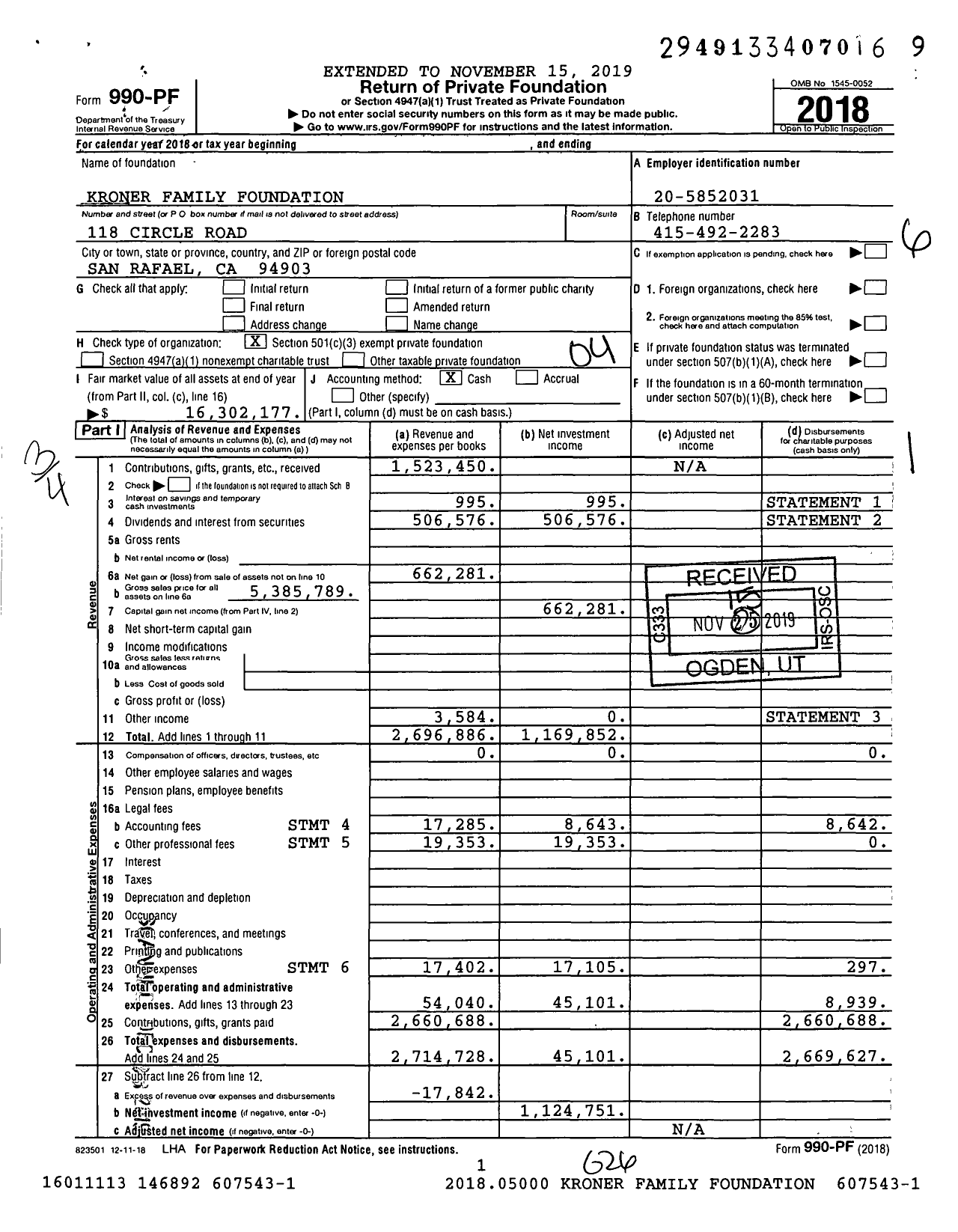 Image of first page of 2018 Form 990PF for Kroner Family Foundation