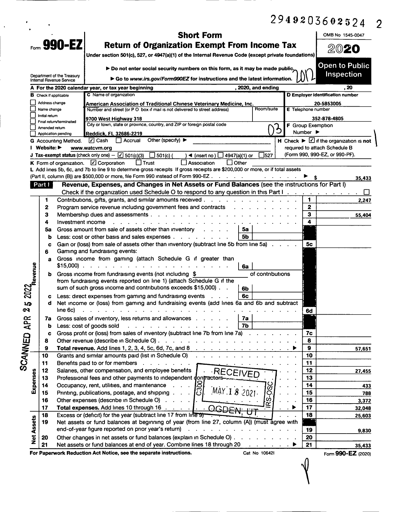 Image of first page of 2020 Form 990EZ for American Association of Traditional Chinese Veterinary