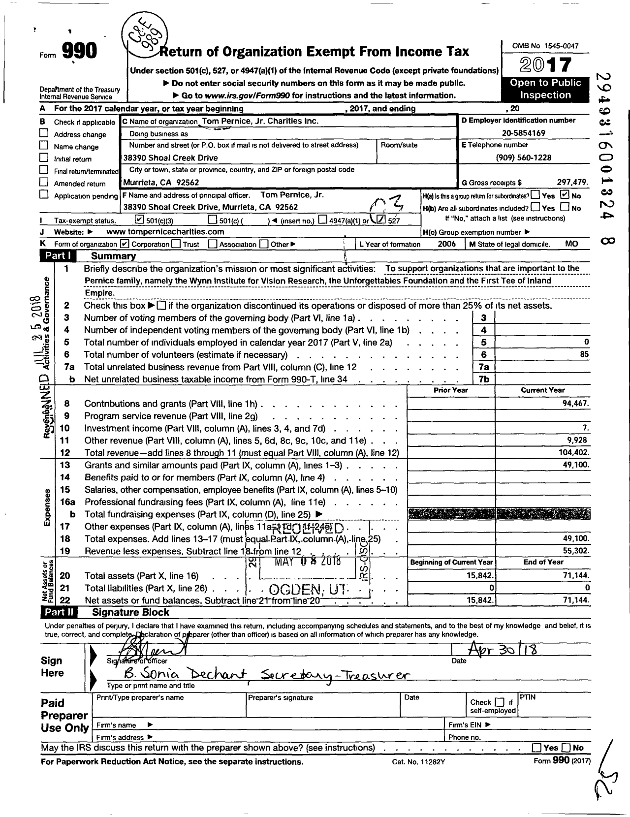 Image of first page of 2017 Form 990 for Tom Pernice JR Charities