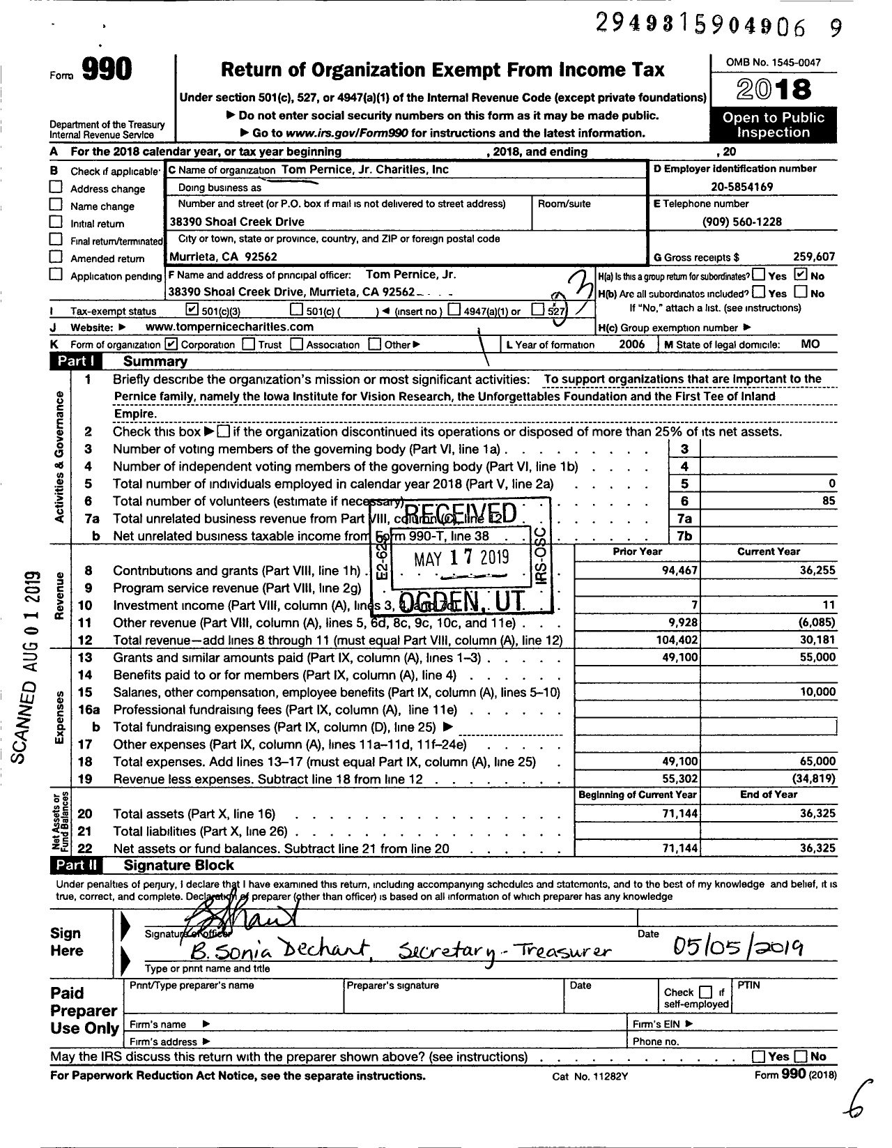 Image of first page of 2018 Form 990 for Tom Pernice JR Charities