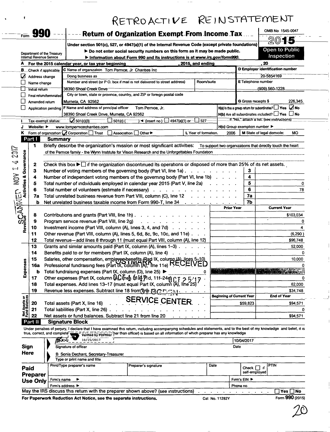 Image of first page of 2015 Form 990 for Tom Pernice JR Charities