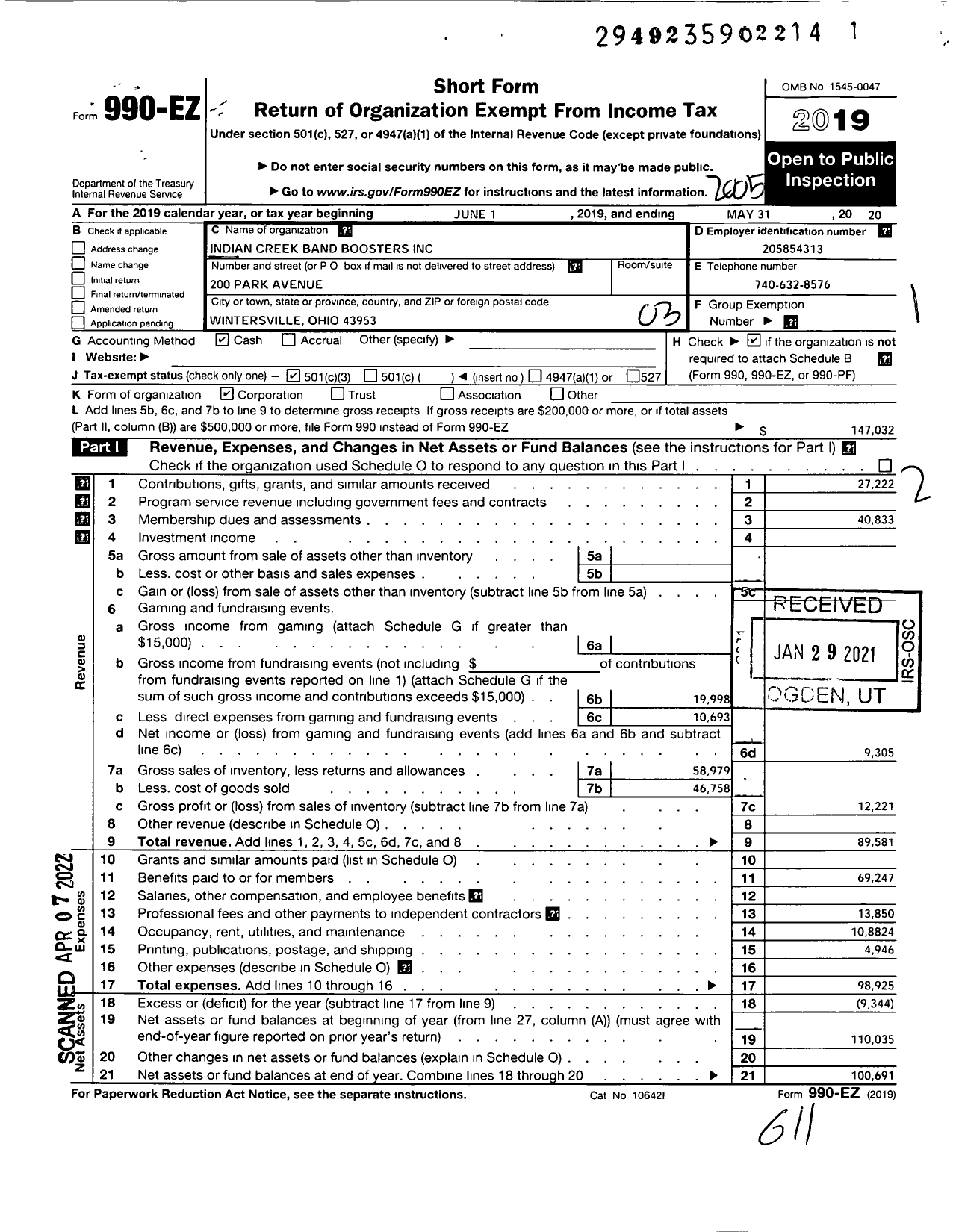 Image of first page of 2019 Form 990EZ for Indian Creek Band Boosters