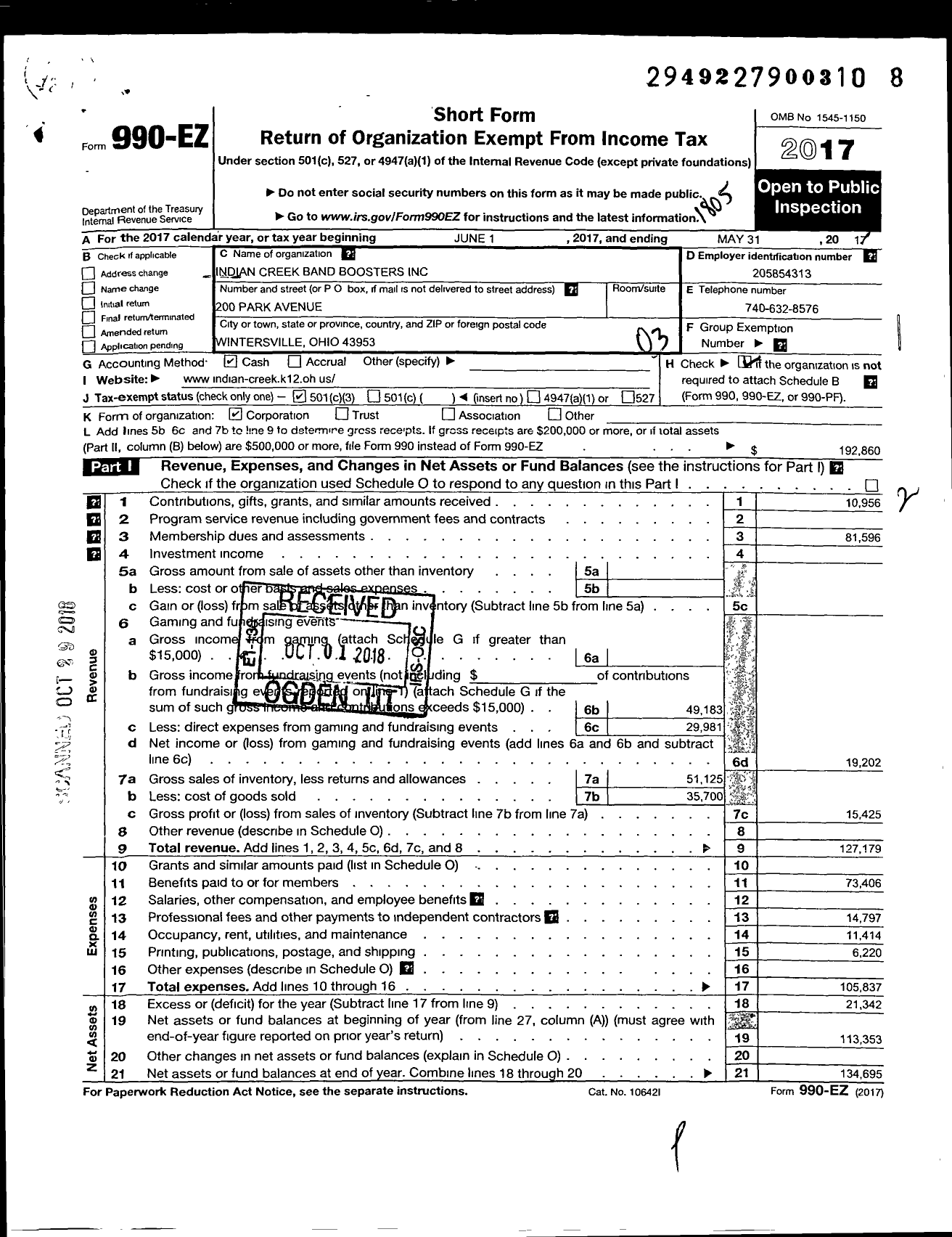 Image of first page of 2017 Form 990EZ for Indian Creek Band Boosters