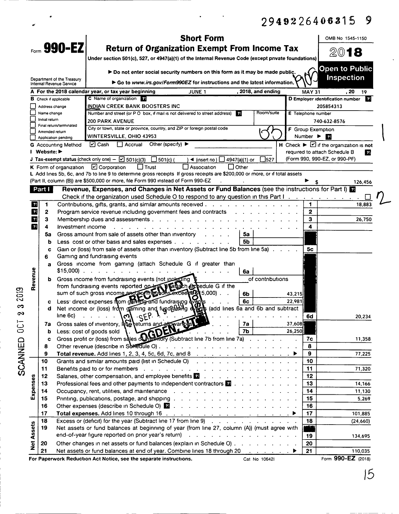 Image of first page of 2018 Form 990EZ for Indian Creek Band Boosters