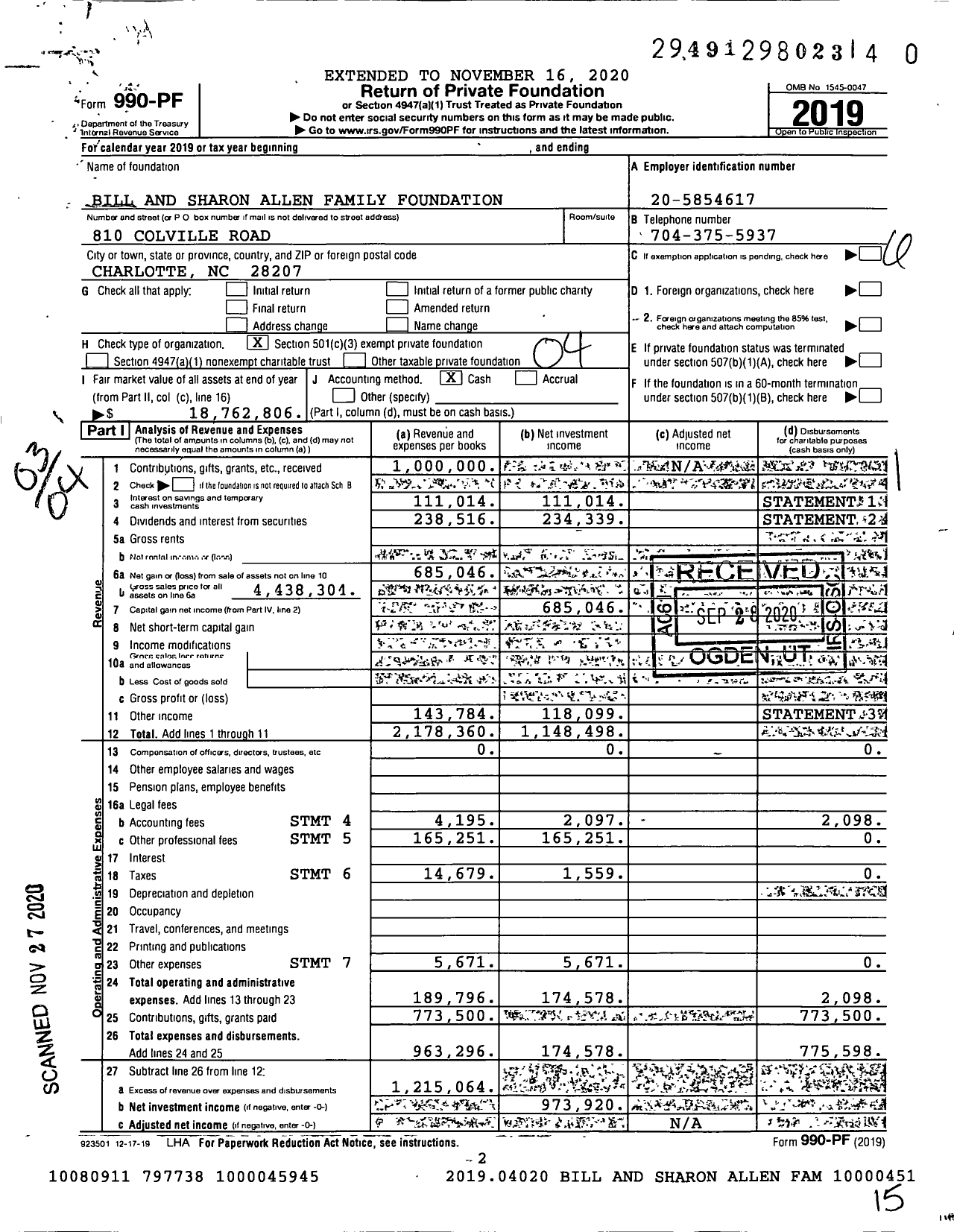 Image of first page of 2019 Form 990PF for Bill and Sharon Allen Family Foundation