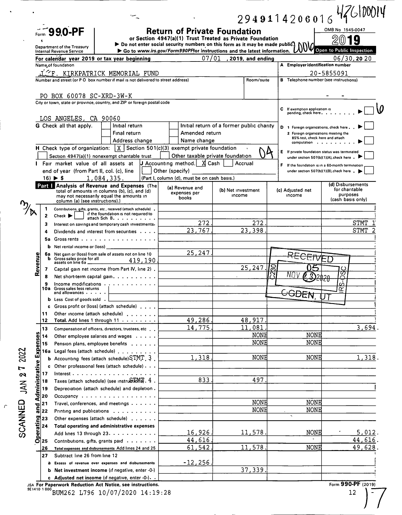 Image of first page of 2019 Form 990PF for J F Kirkpatrick Memorial Fund