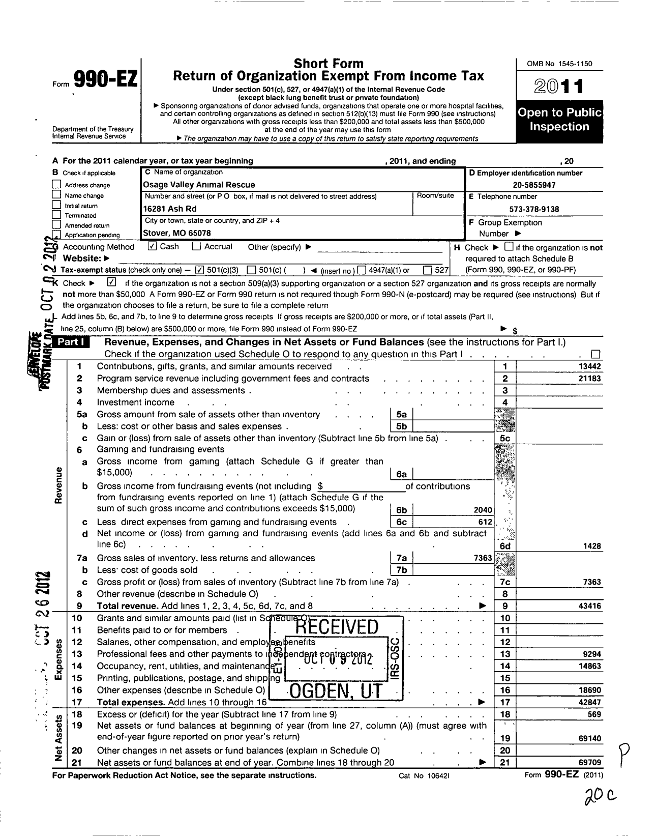 Image of first page of 2011 Form 990EZ for Stover Animal Rescue