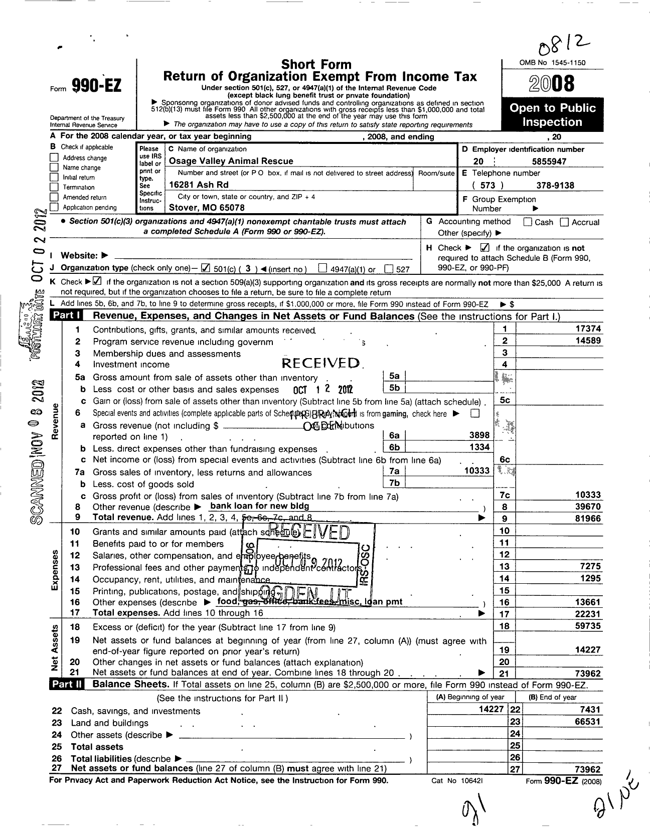 Image of first page of 2008 Form 990EZ for Stover Animal Rescue