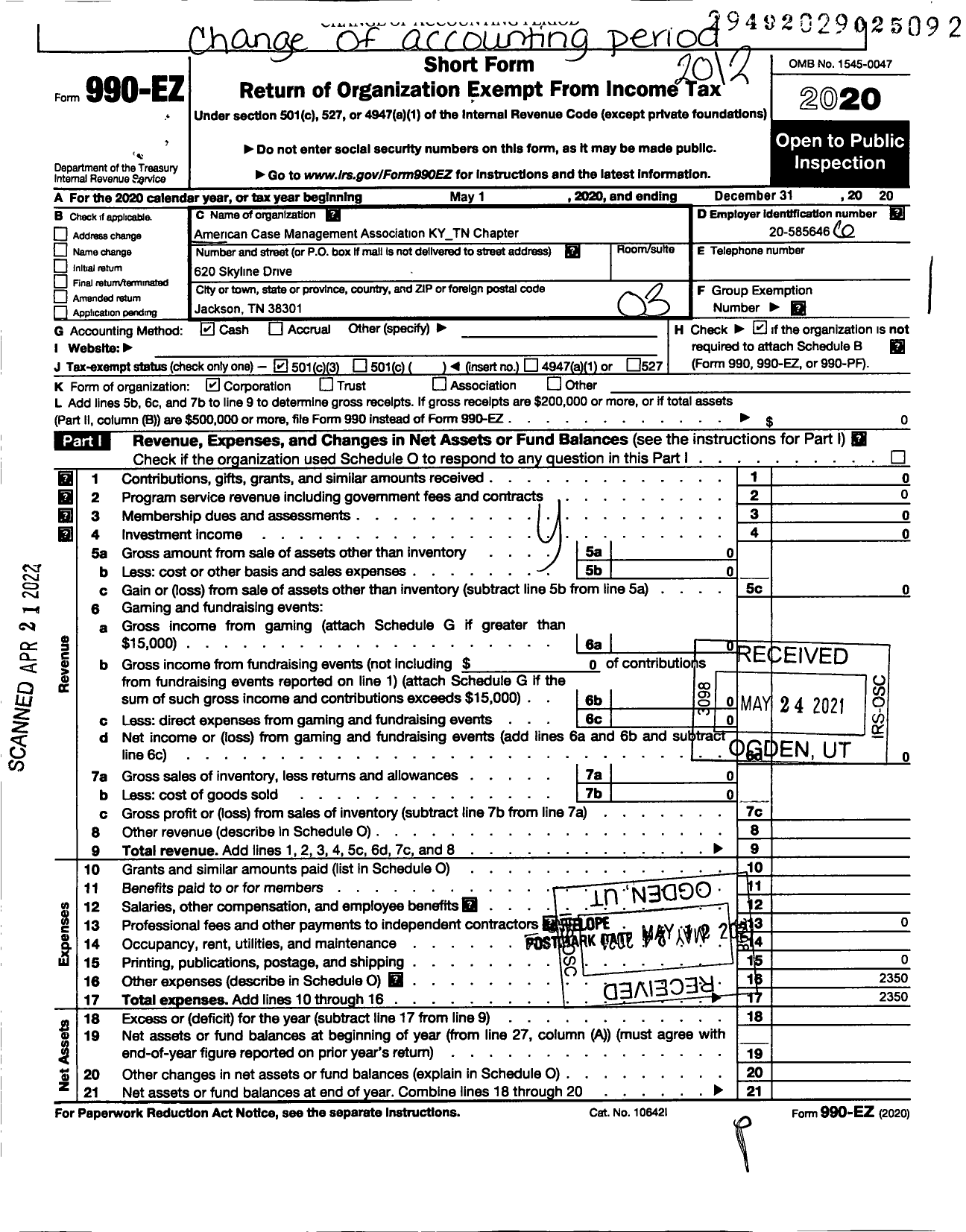 Image of first page of 2020 Form 990EZ for American Case Management Association Kentucky-Tennessee Chap