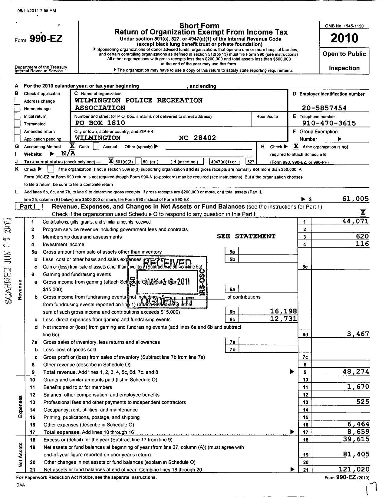 Image of first page of 2010 Form 990EZ for Wilmington Police Recreation Association