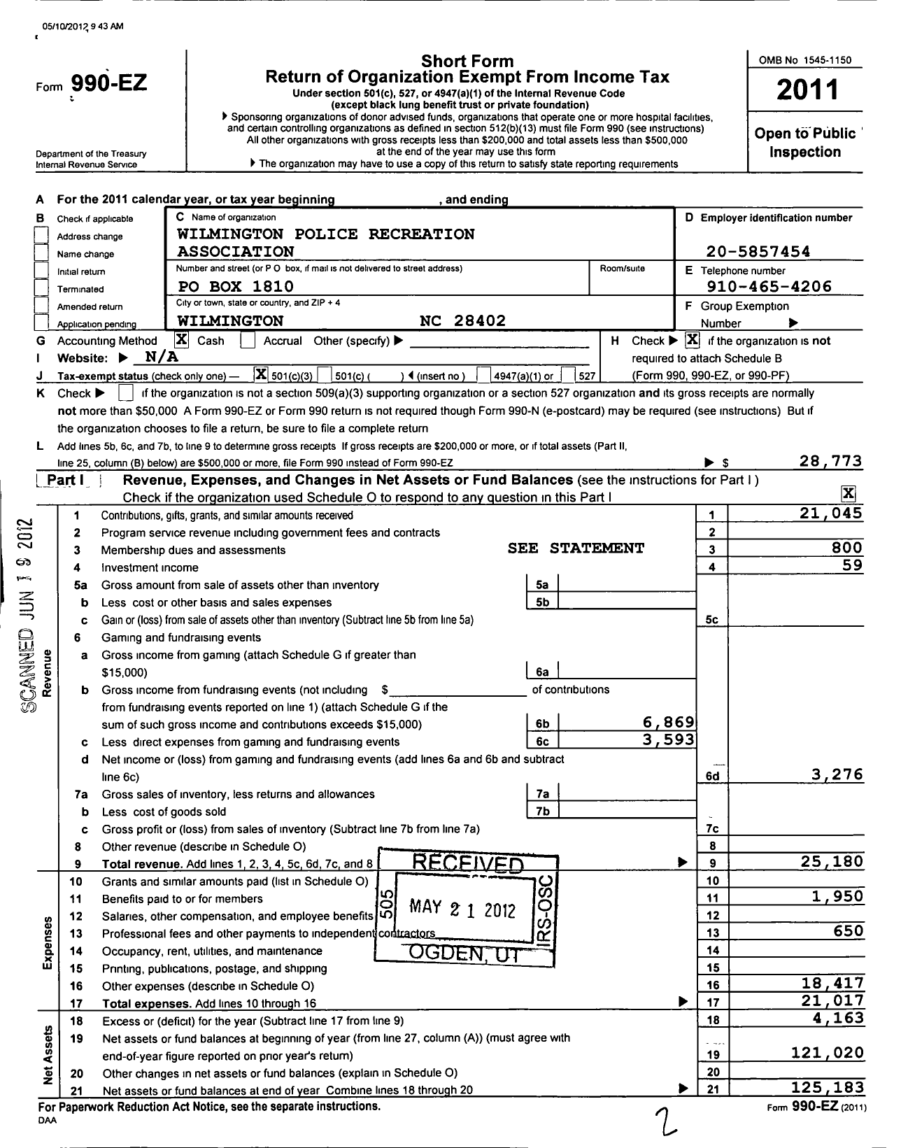 Image of first page of 2011 Form 990EZ for Wilmington Police Recreation Association