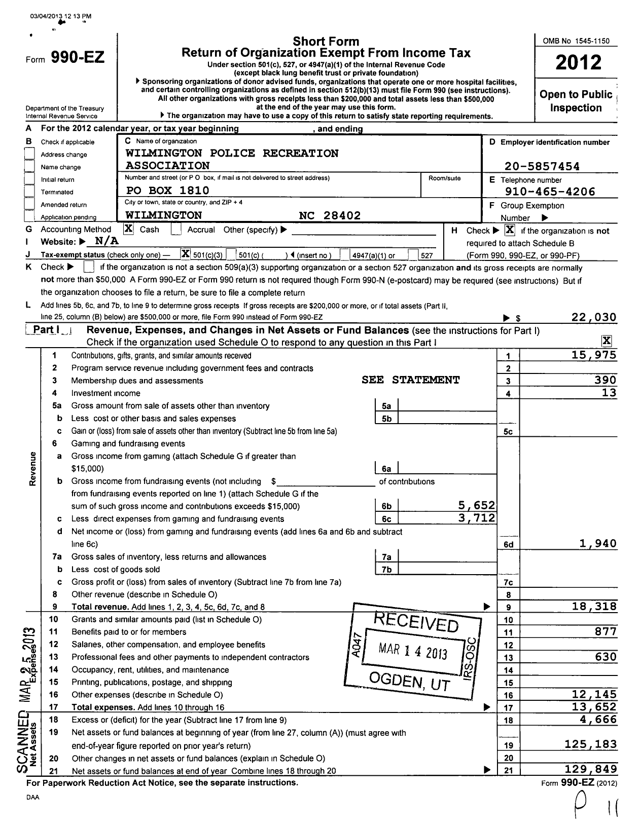 Image of first page of 2012 Form 990EZ for Wilmington Police Recreation Association