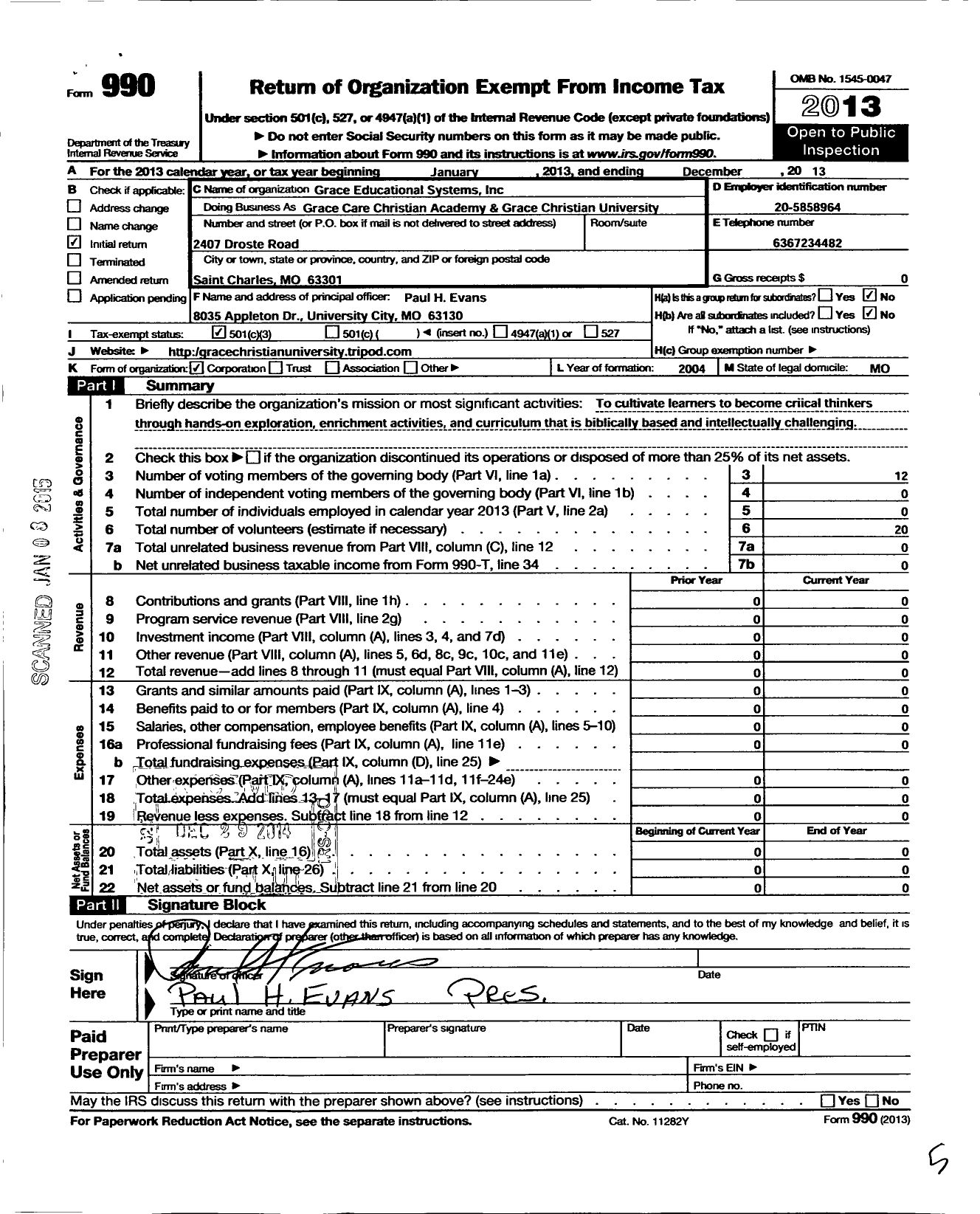 Image of first page of 2013 Form 990 for Grace Educational System