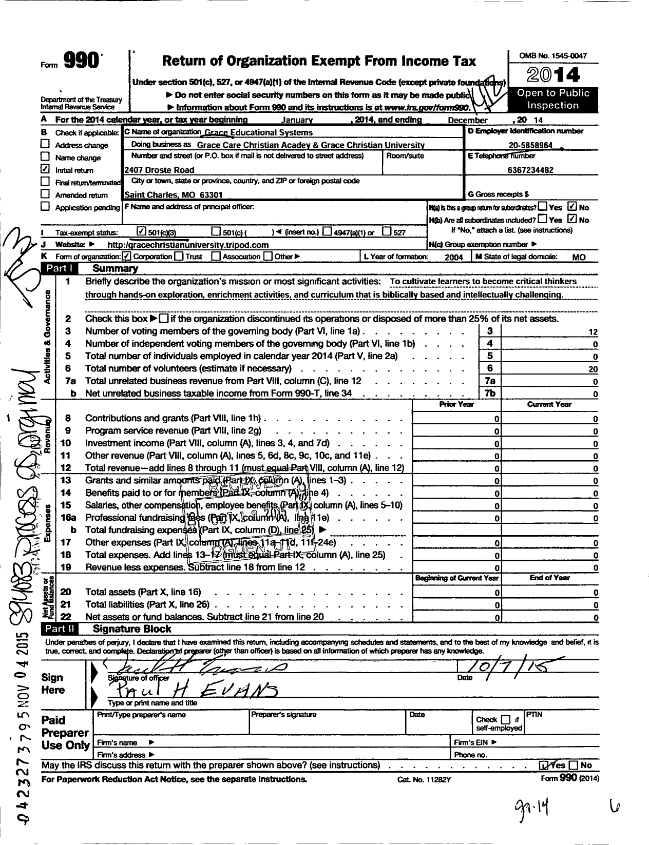 Image of first page of 2014 Form 990 for Grace Educational System