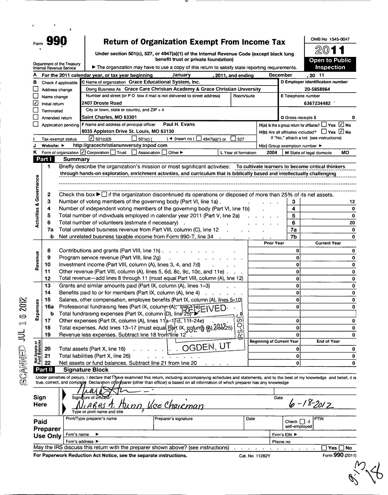 Image of first page of 2011 Form 990 for Grace Educational System