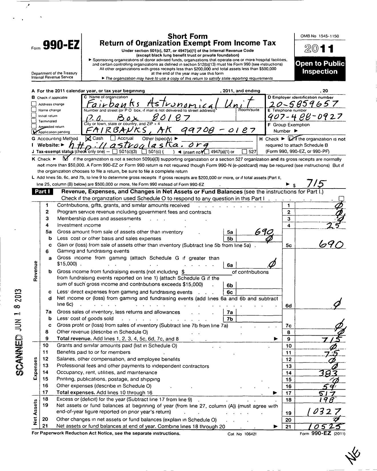 Image of first page of 2011 Form 990EO for Fairbanks Astronomical Unit