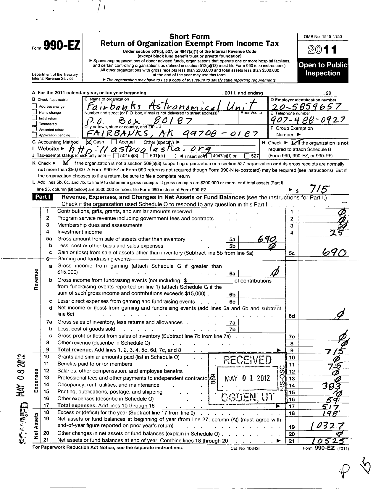 Image of first page of 2011 Form 990EZ for Fairbanks Astronomical Unit