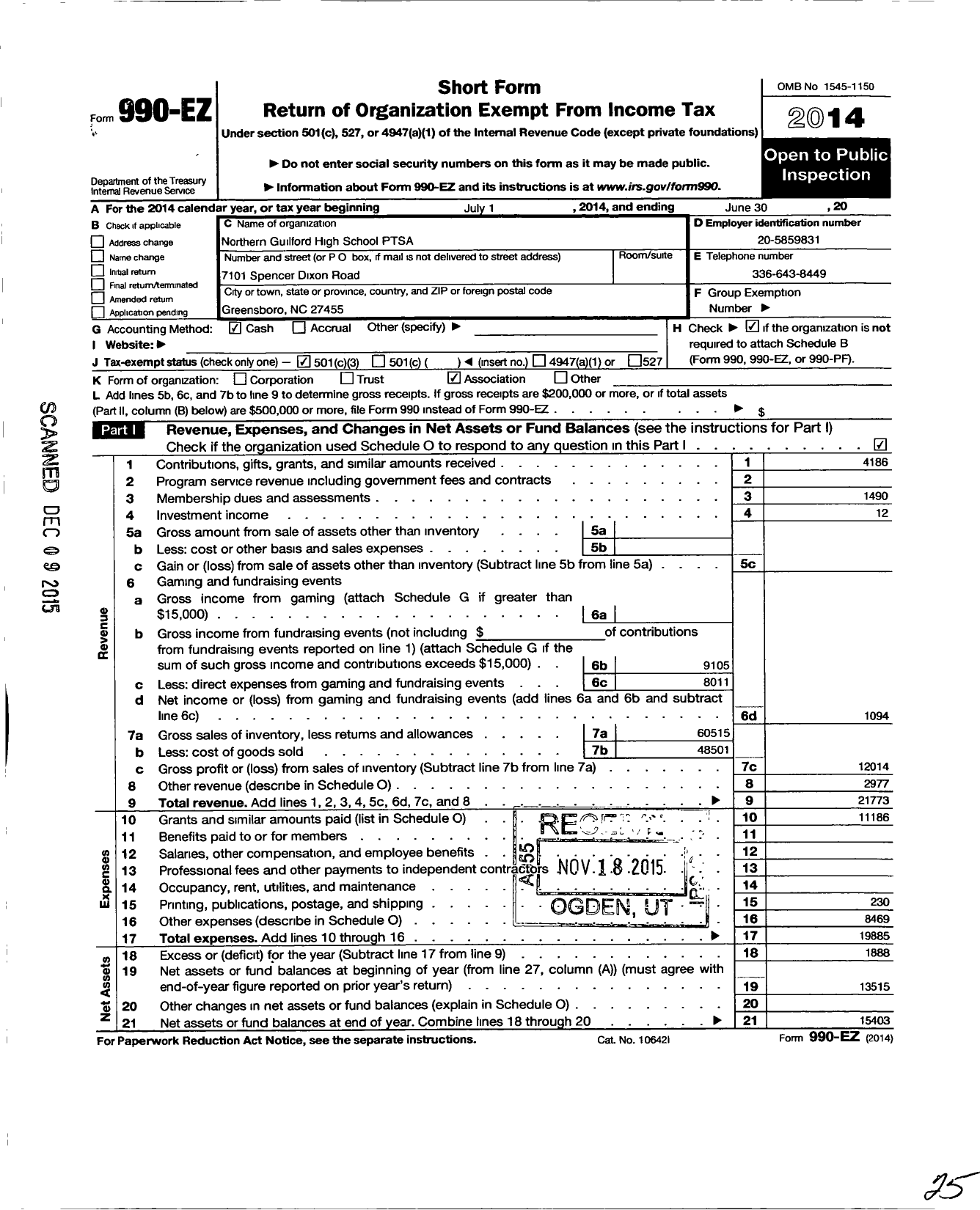 Image of first page of 2013 Form 990EZ for North Carolina PTA - Northern Guilford High School Ptsa