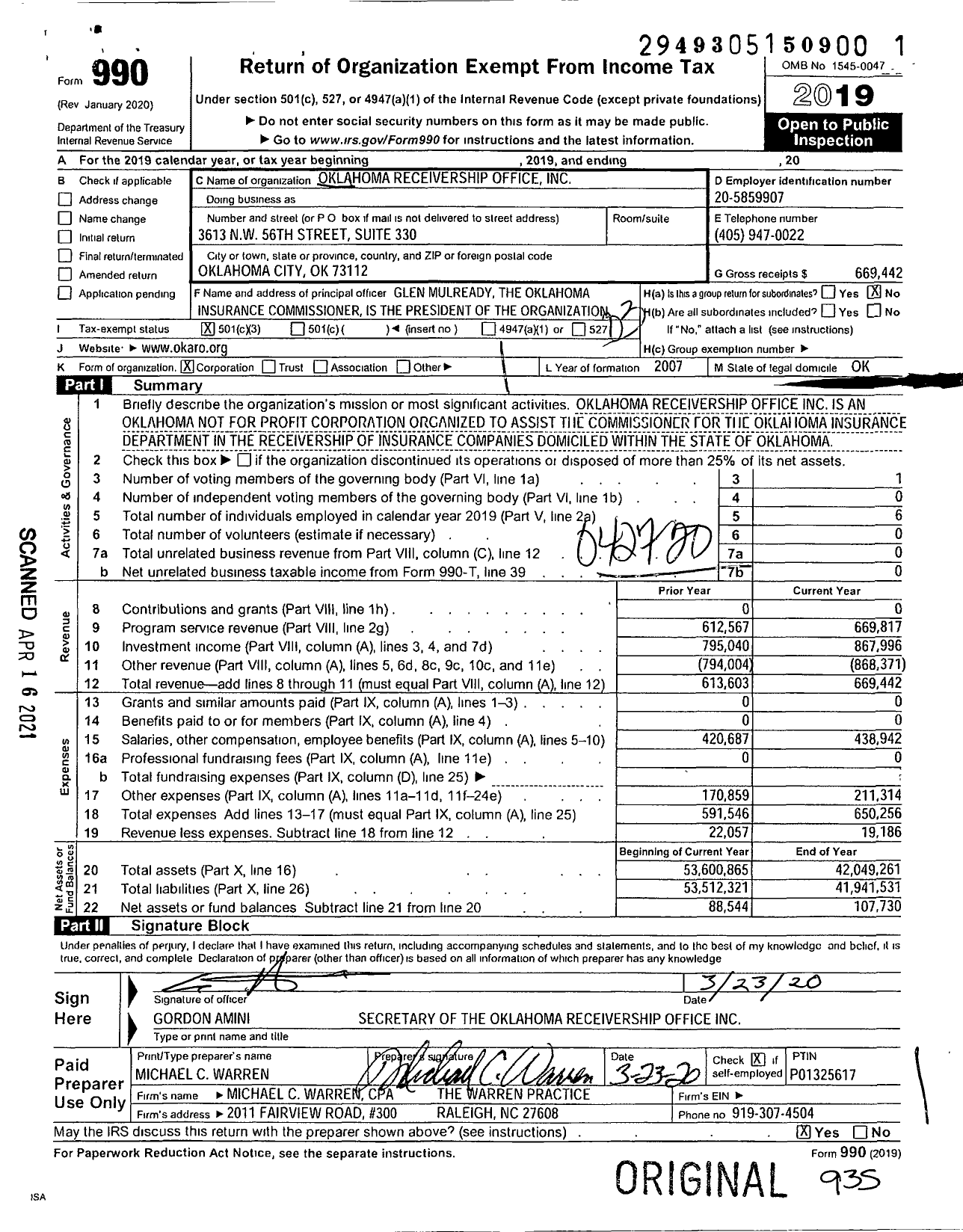 Image of first page of 2019 Form 990 for Oklahoma Receivership Office