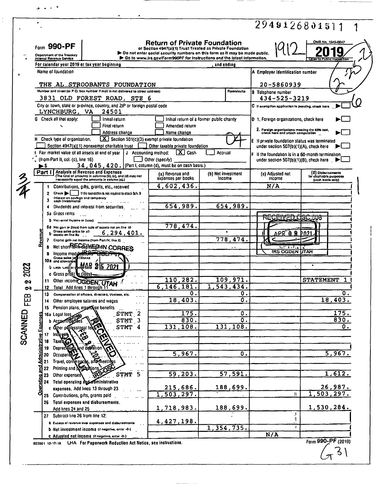 Image of first page of 2019 Form 990PF for The Al Stroobants Foundation