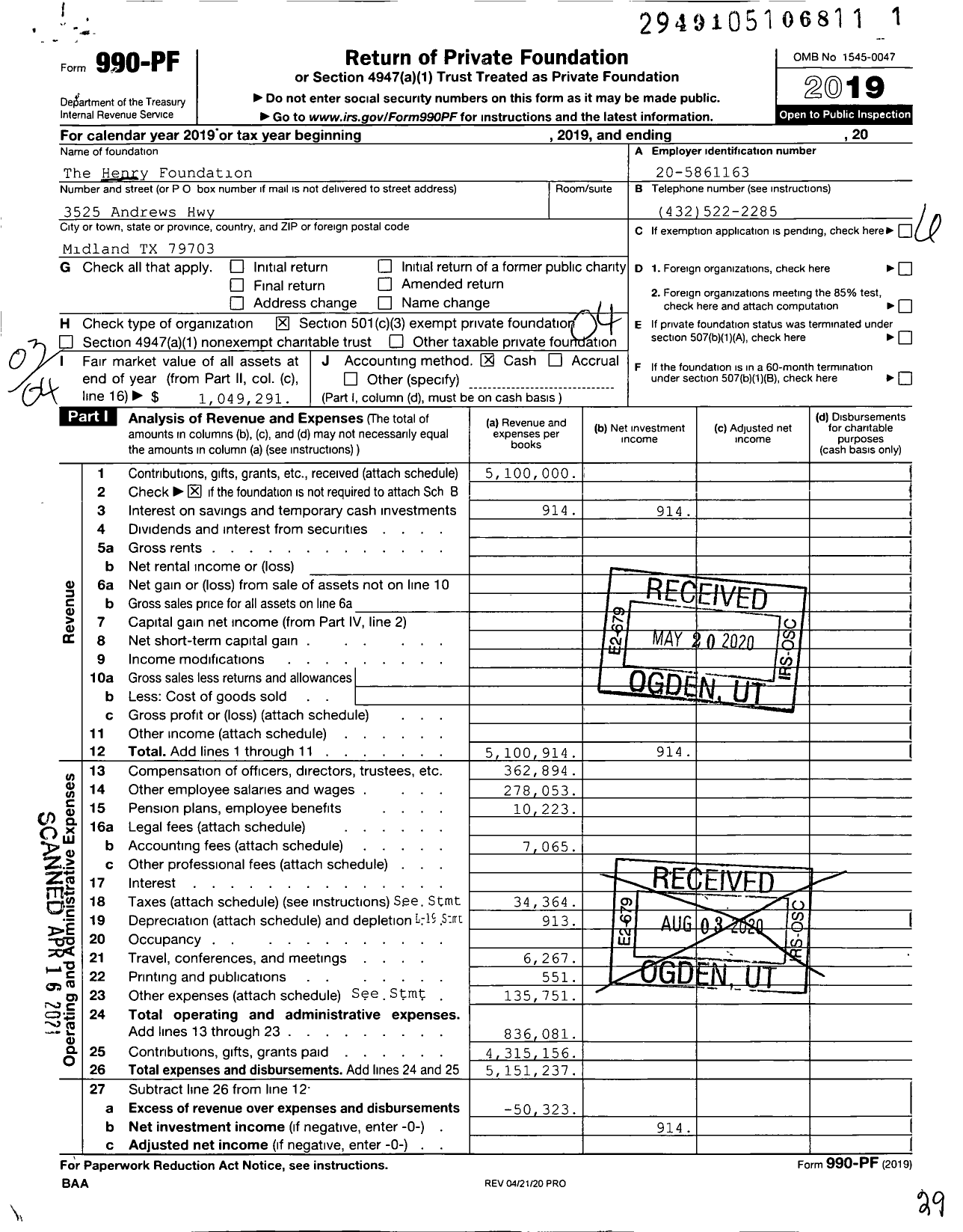 Image of first page of 2019 Form 990PF for The Henry Foundation