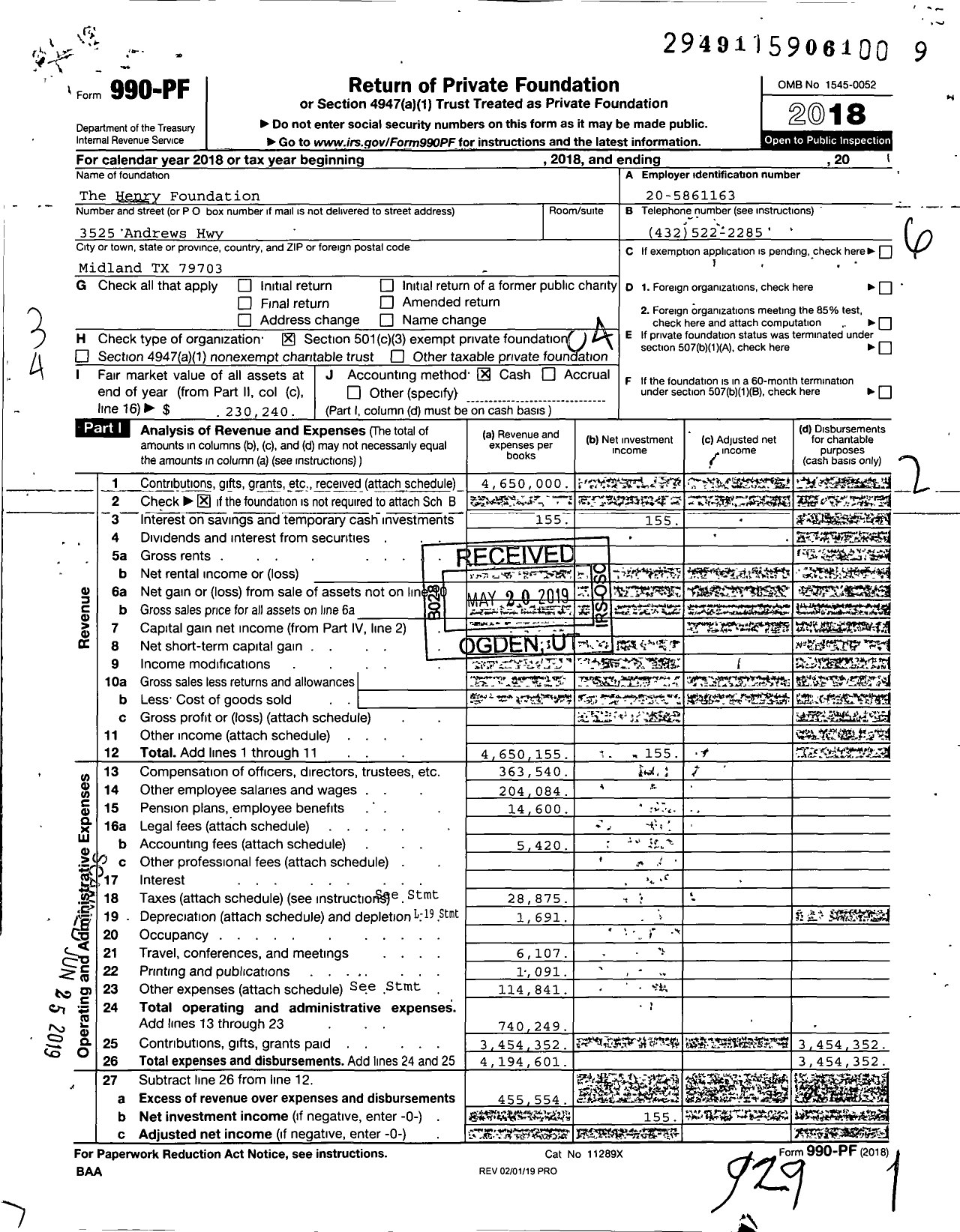 Image of first page of 2018 Form 990PF for The Henry Foundation