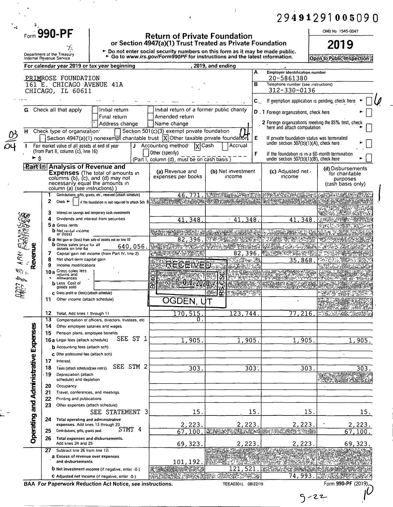 Image of first page of 2019 Form 990PF for Primrose Foundation