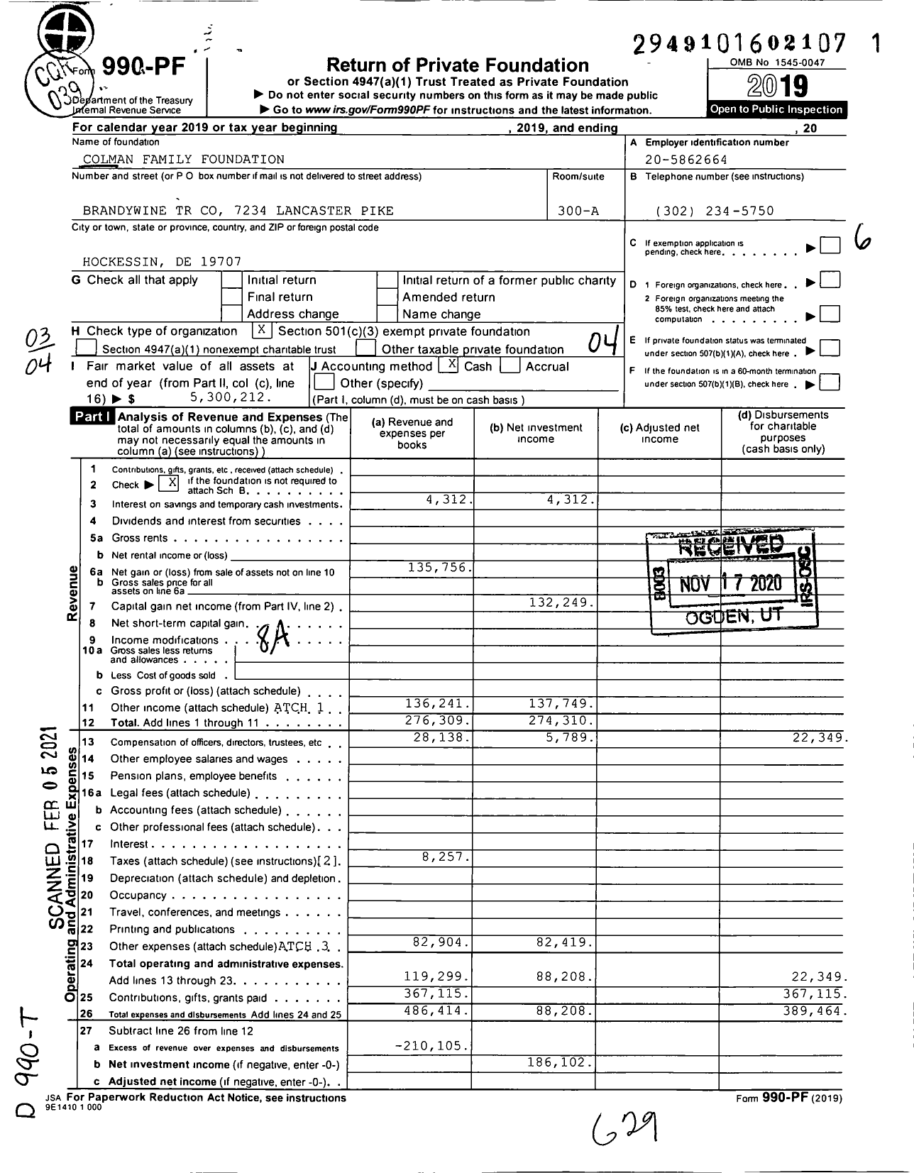 Image of first page of 2019 Form 990PF for Colman Family Foundation